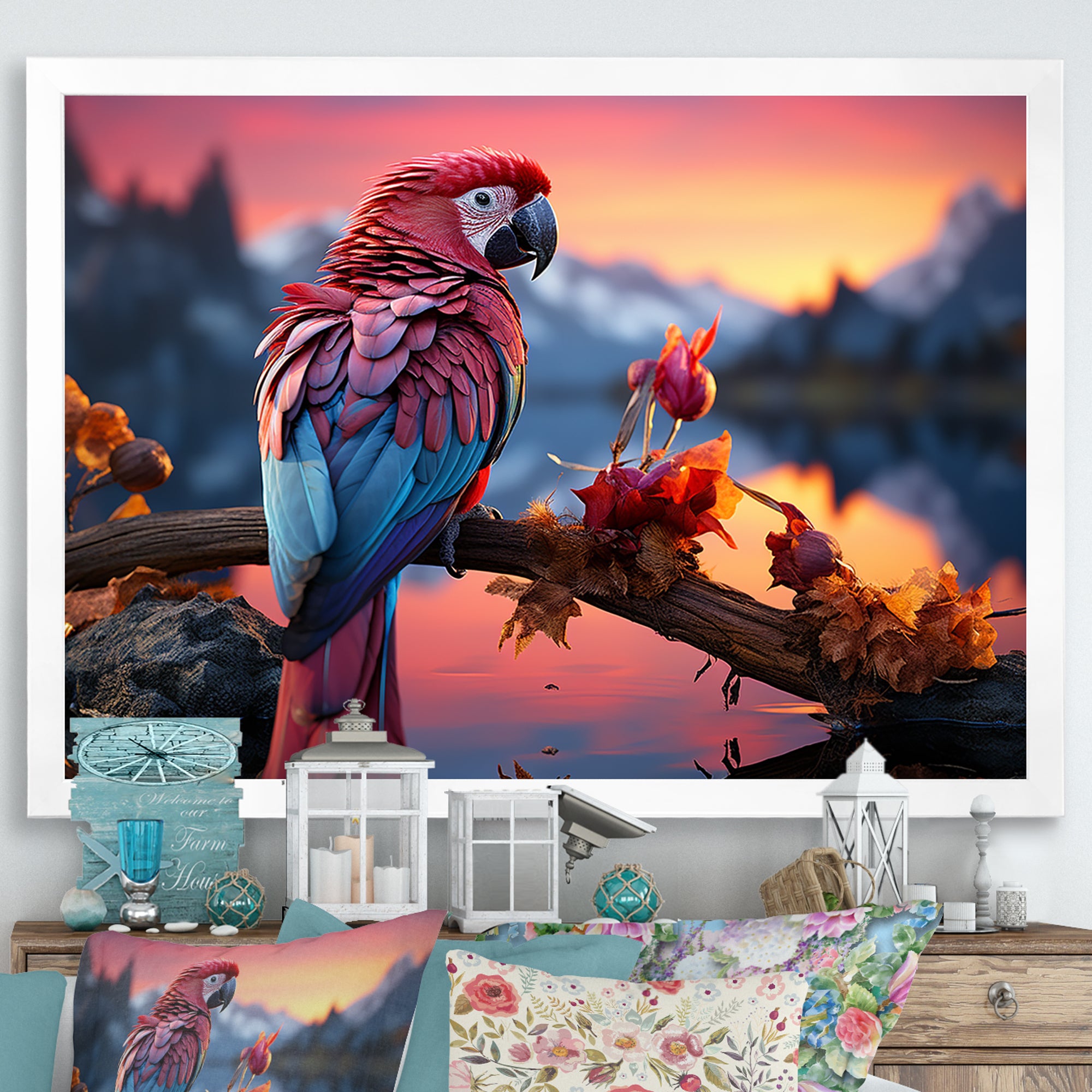 Red And Blue Parrots Radiant Plumage Sunset - Red Parrot Wall Art