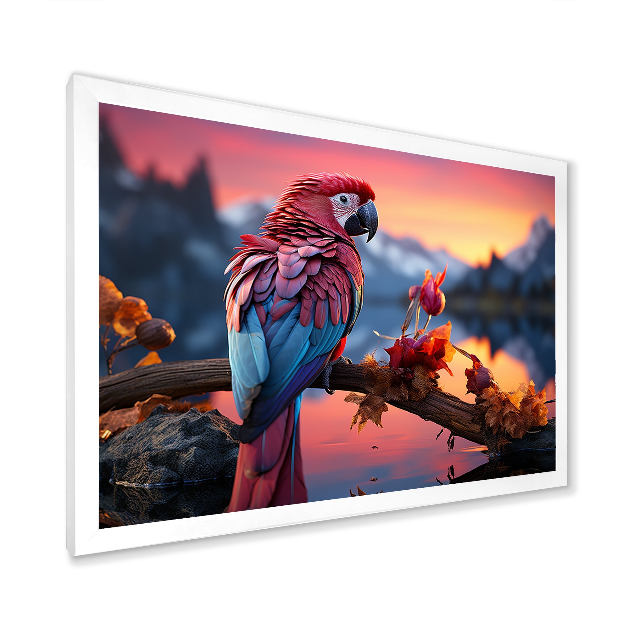 Red And Blue Parrots Radiant Plumage Sunset - Red Parrot Wall Art