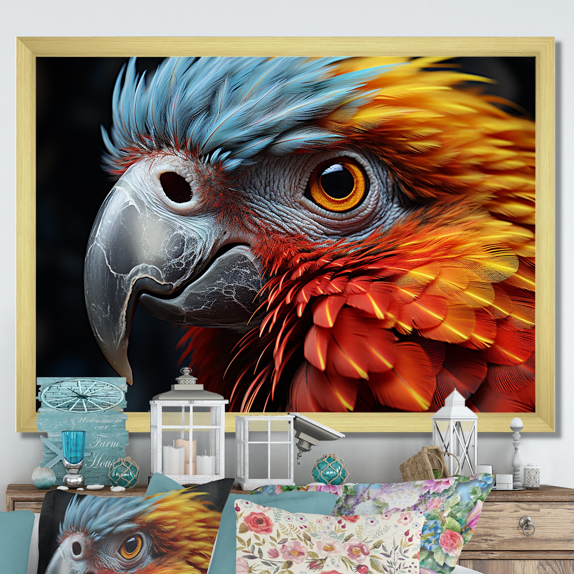 Red And Yellow Mystical Plumage Tropical Rhapsody - Parrot Bedroom Wall Art