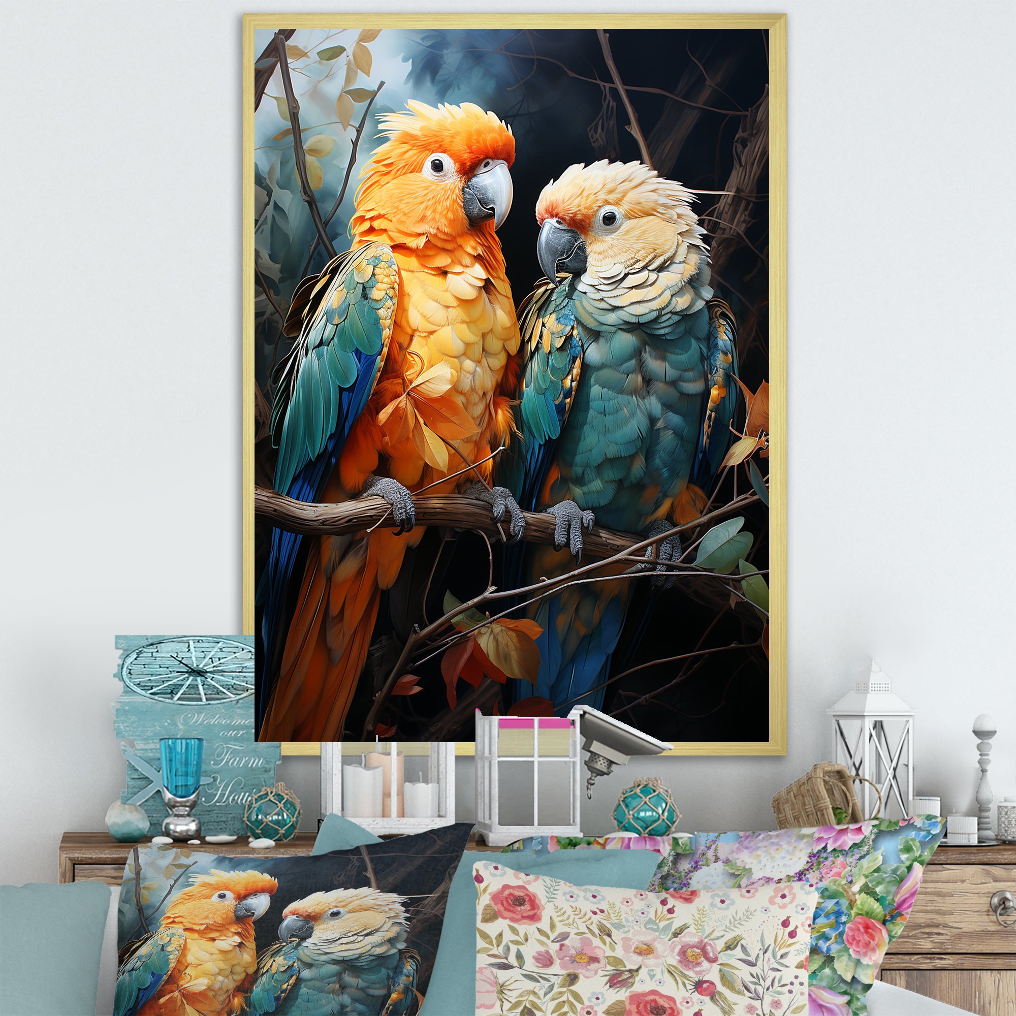 Yellow And Teal Parrot S Lively Radiance - Parrot Large Canvas Wall Art