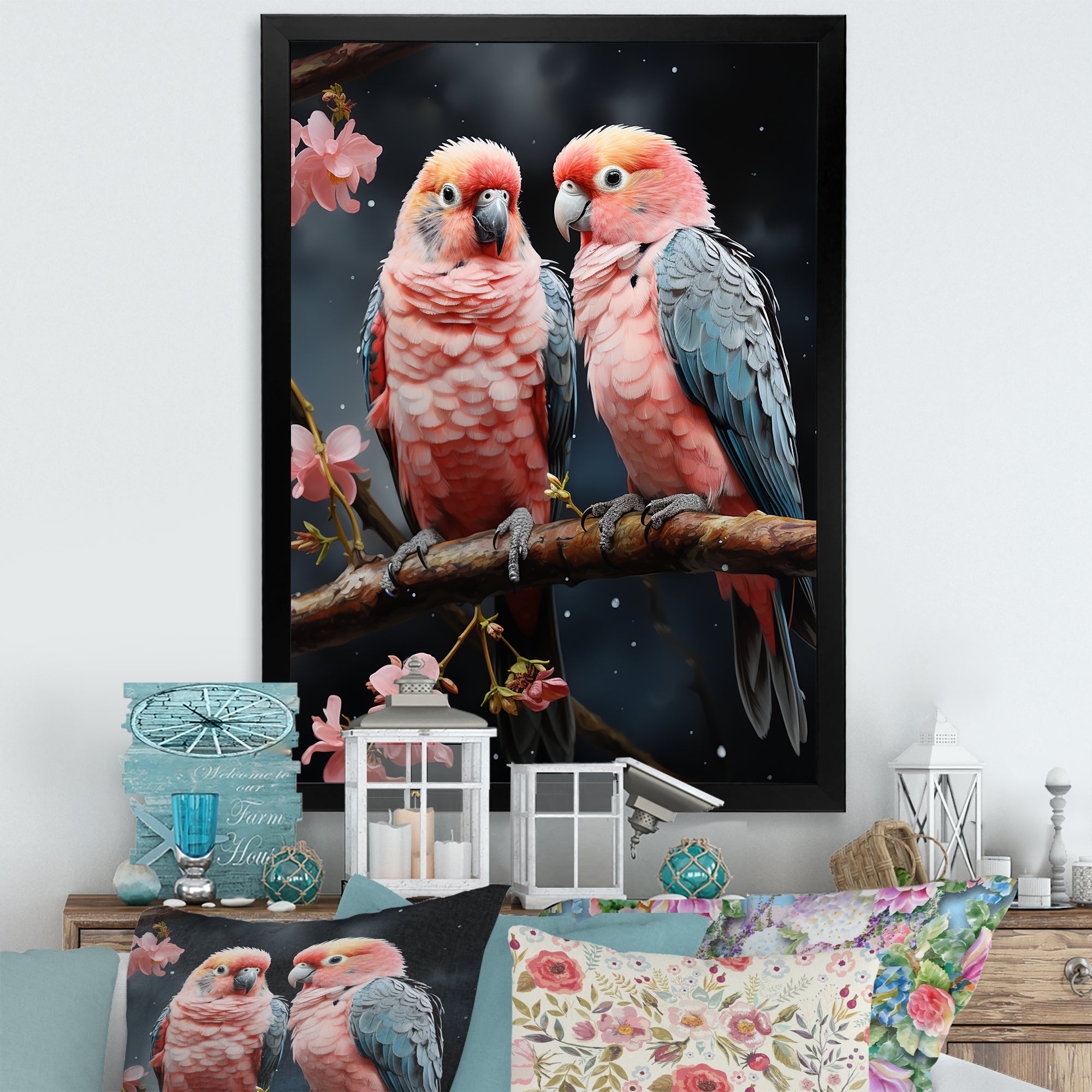 Whimsical Whispers Love Birds - Parrot Living Room Wall Art