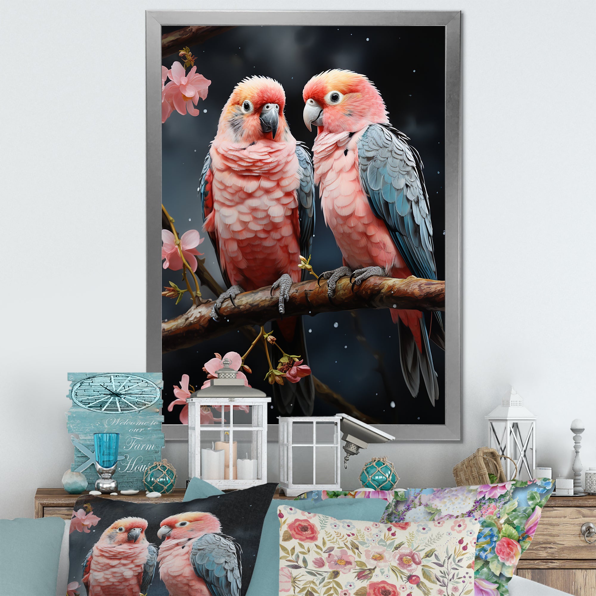 Whimsical Whispers Love Birds - Parrot Living Room Wall Art