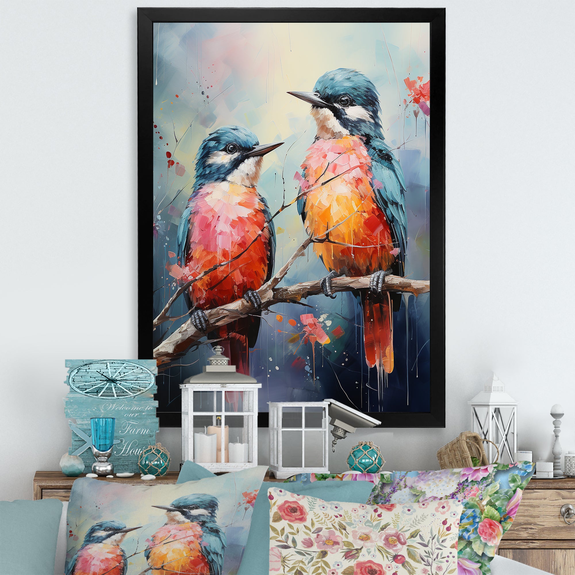 Blue And Coral Elegant Nature S Songbirds - Blue Bird Wall Art