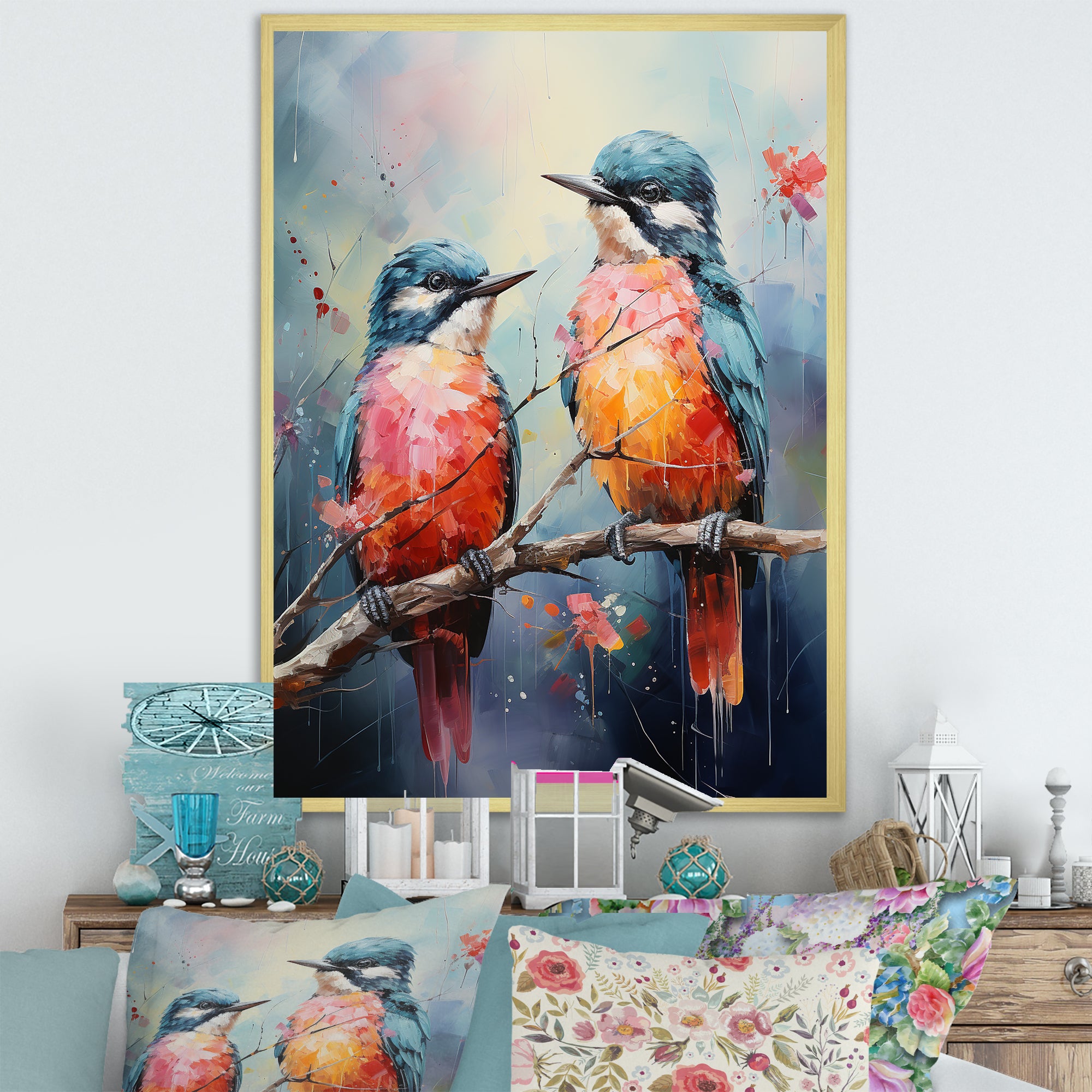 Blue And Coral Elegant Nature S Songbirds - Blue Bird Wall Art