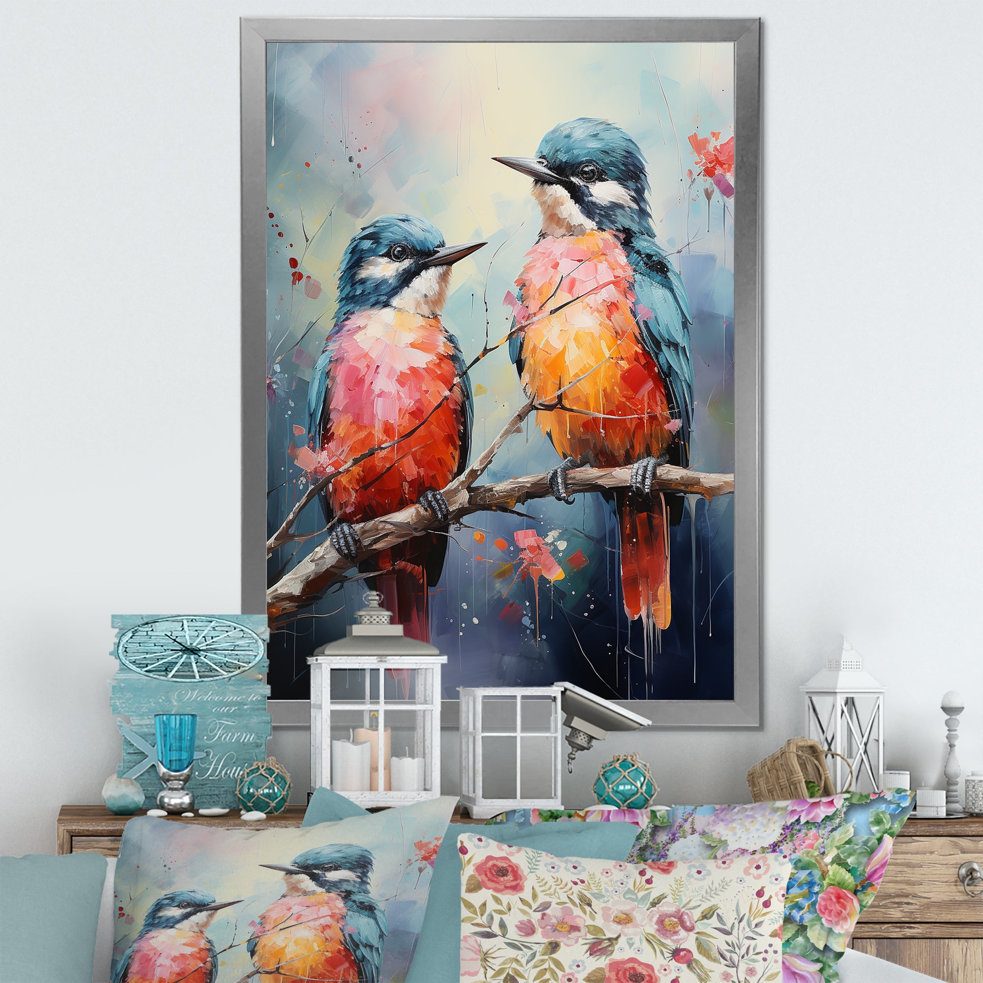 Blue And Coral Elegant Nature S Songbirds - Blue Bird Wall Art