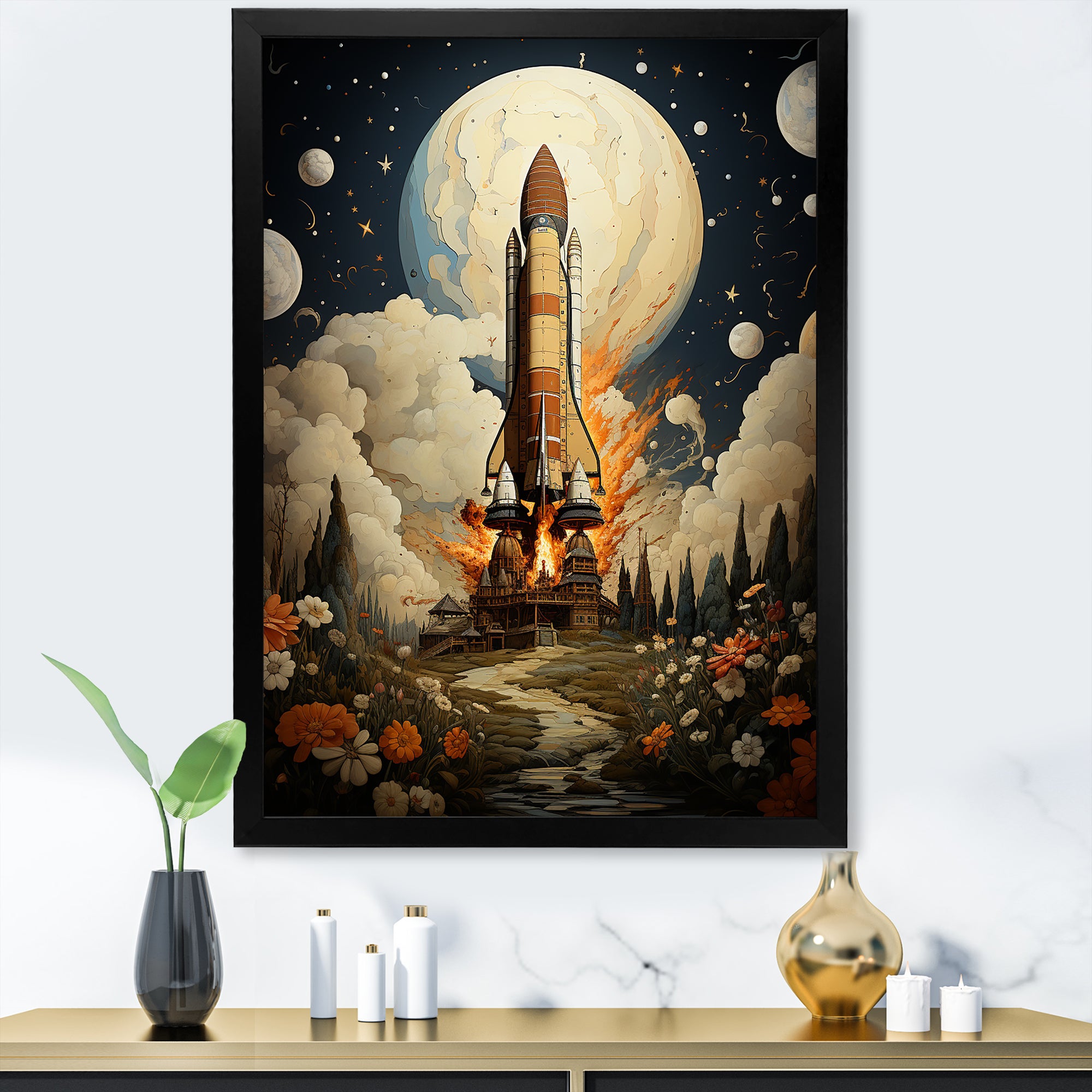 Vintage Impressionist Cosmic Rocket Ship Voyage - Rocketship Canvas Wall Art