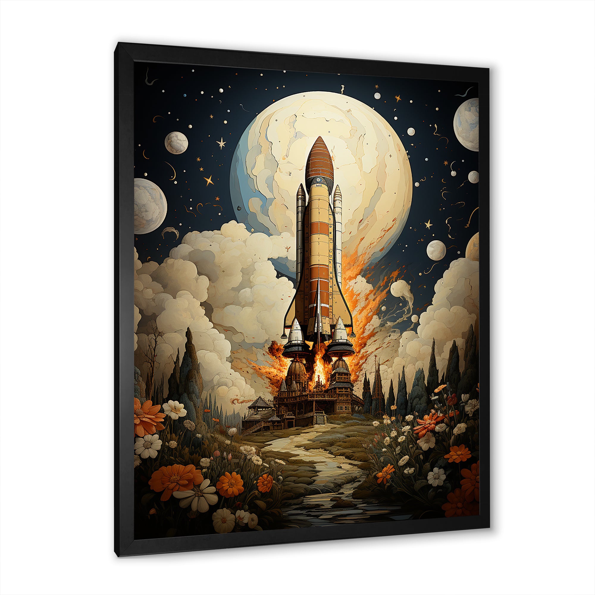 Vintage Impressionist Cosmic Rocket Ship Voyage - Rocketship Canvas Wall Art