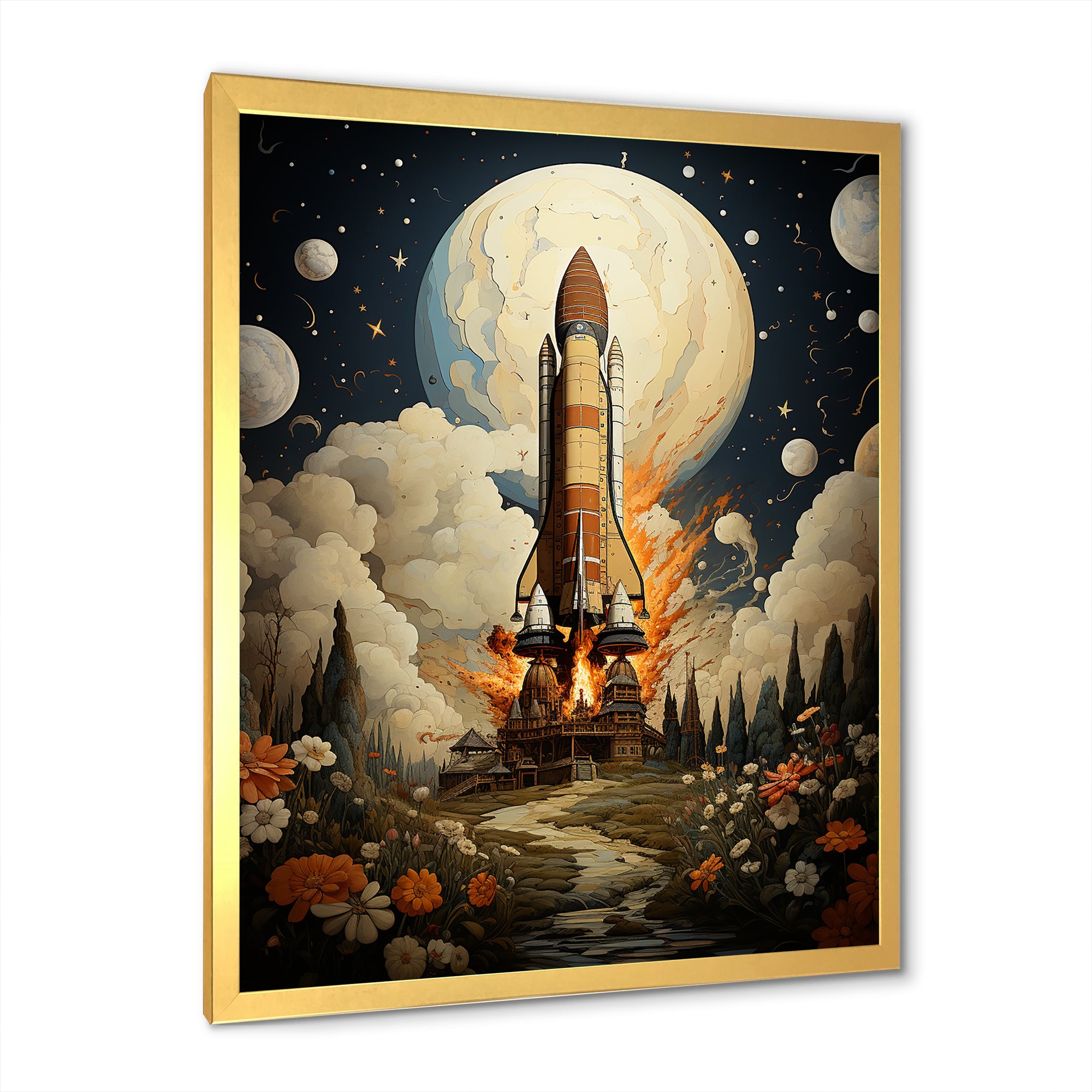 Vintage Impressionist Cosmic Rocket Ship Voyage - Rocketship Canvas Wall Art