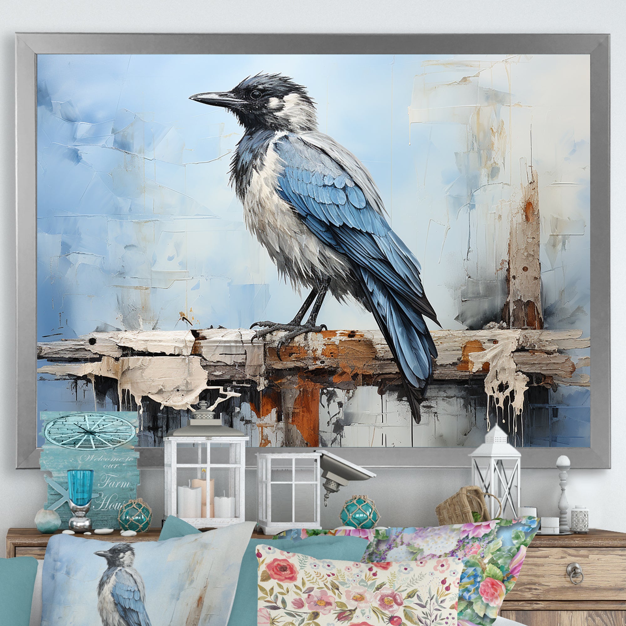 Grey And Blue Majestic Bird - Bird Framed Canvas Art