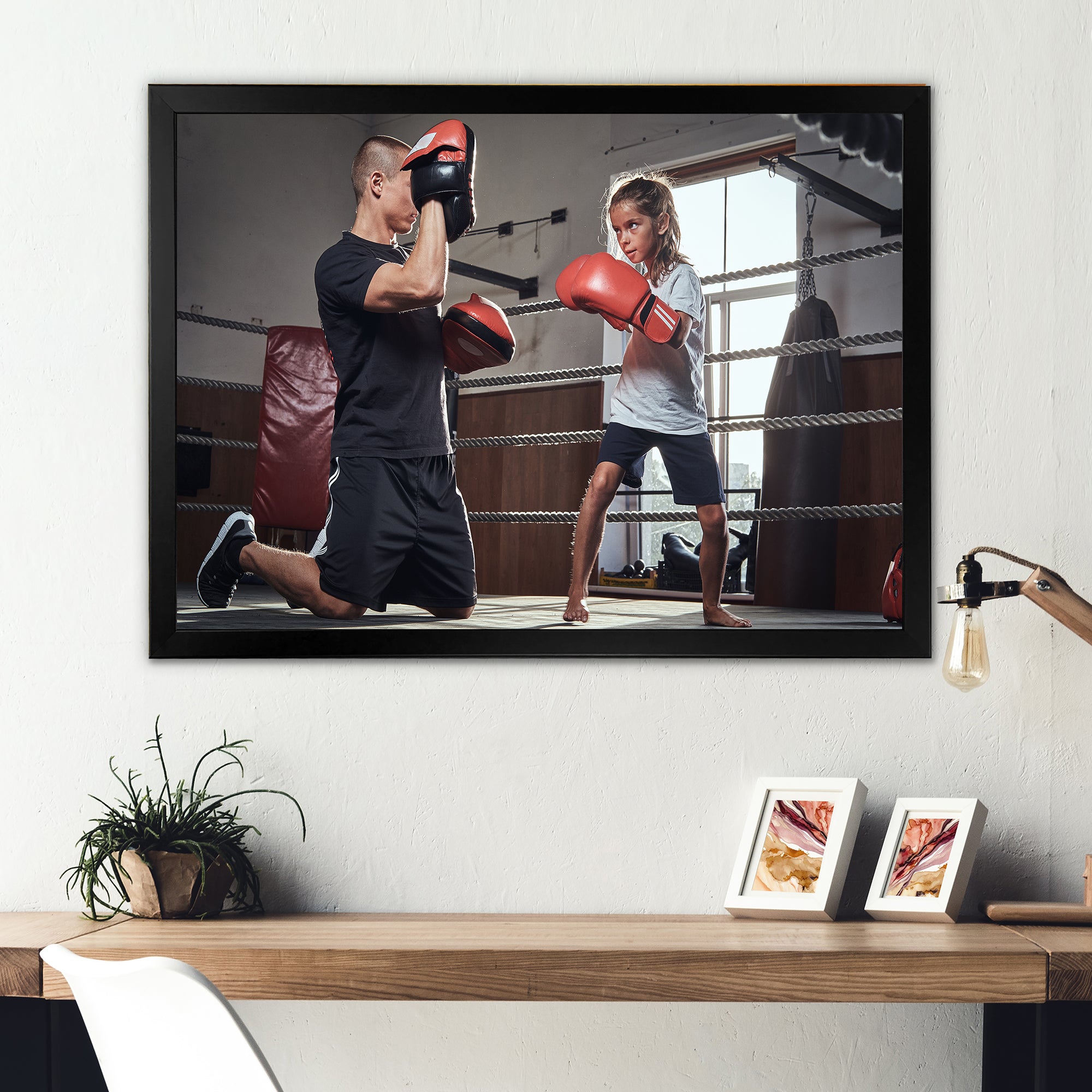 Young Trainer Training A Little Girl Boxer - Sport Boxer Canvas Wall Art
