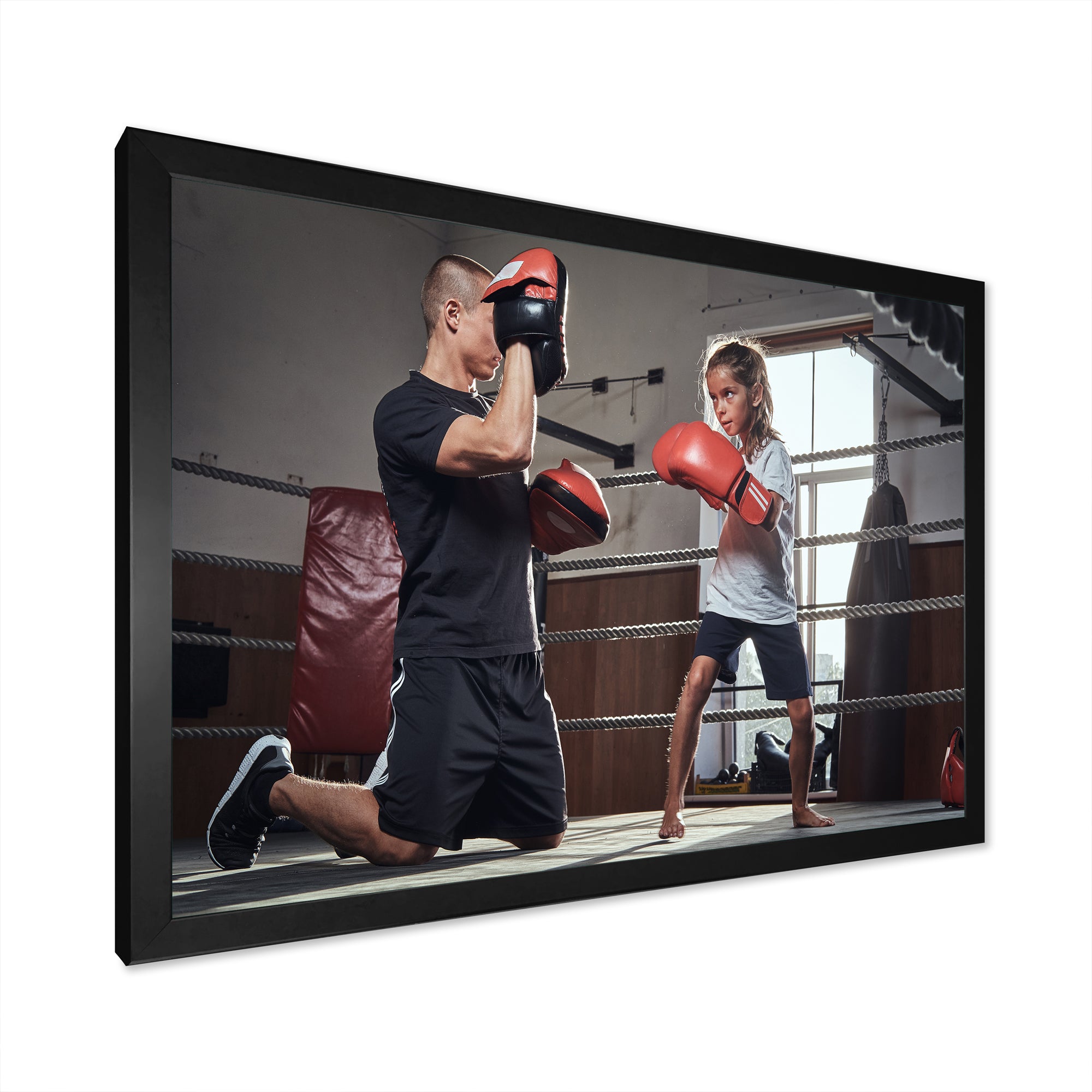 Young Trainer Training A Little Girl Boxer - Sport Boxer Canvas Wall Art
