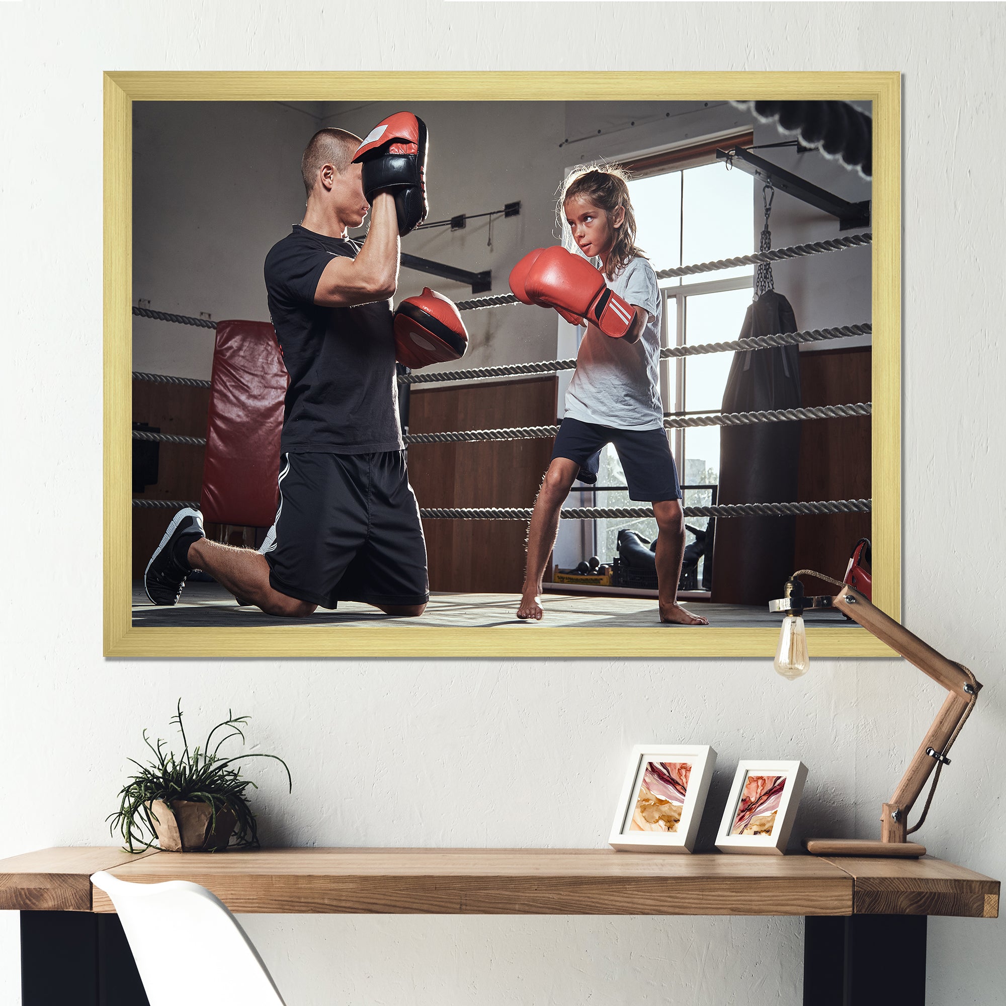 Young Trainer Training A Little Girl Boxer - Sport Boxer Canvas Wall Art