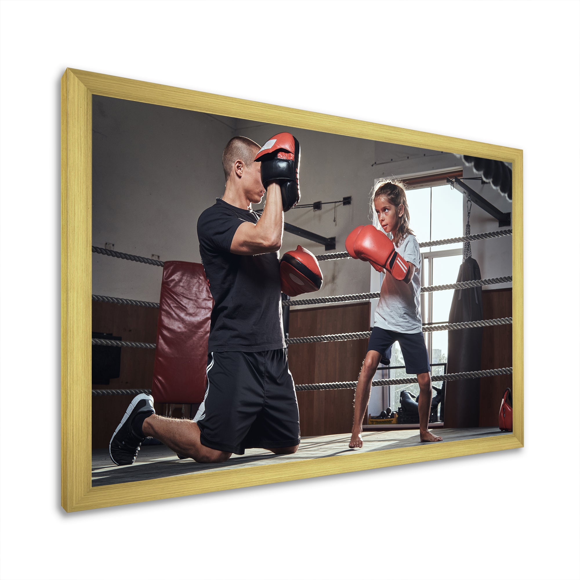 Young Trainer Training A Little Girl Boxer - Sport Boxer Canvas Wall Art