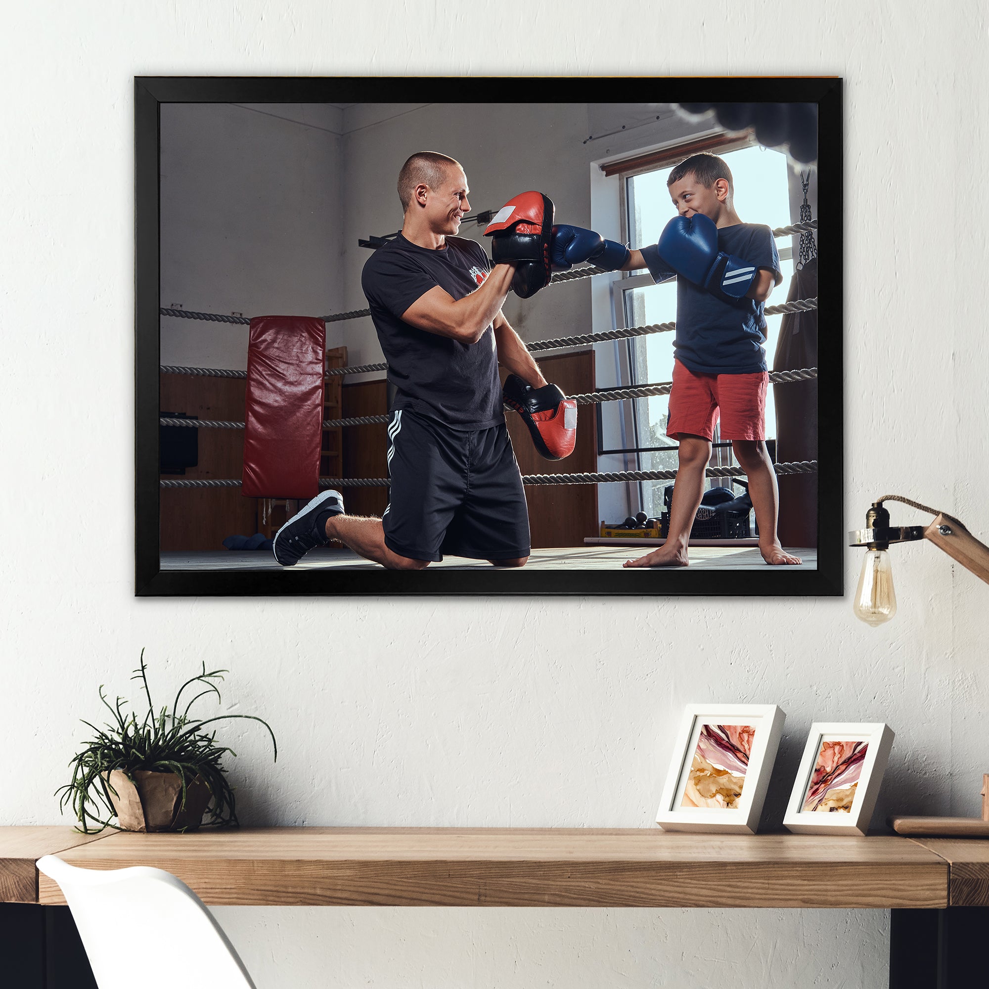 Young Trainer Training A Little Boy Boxer - Sport Boxer Canvas Wall Art