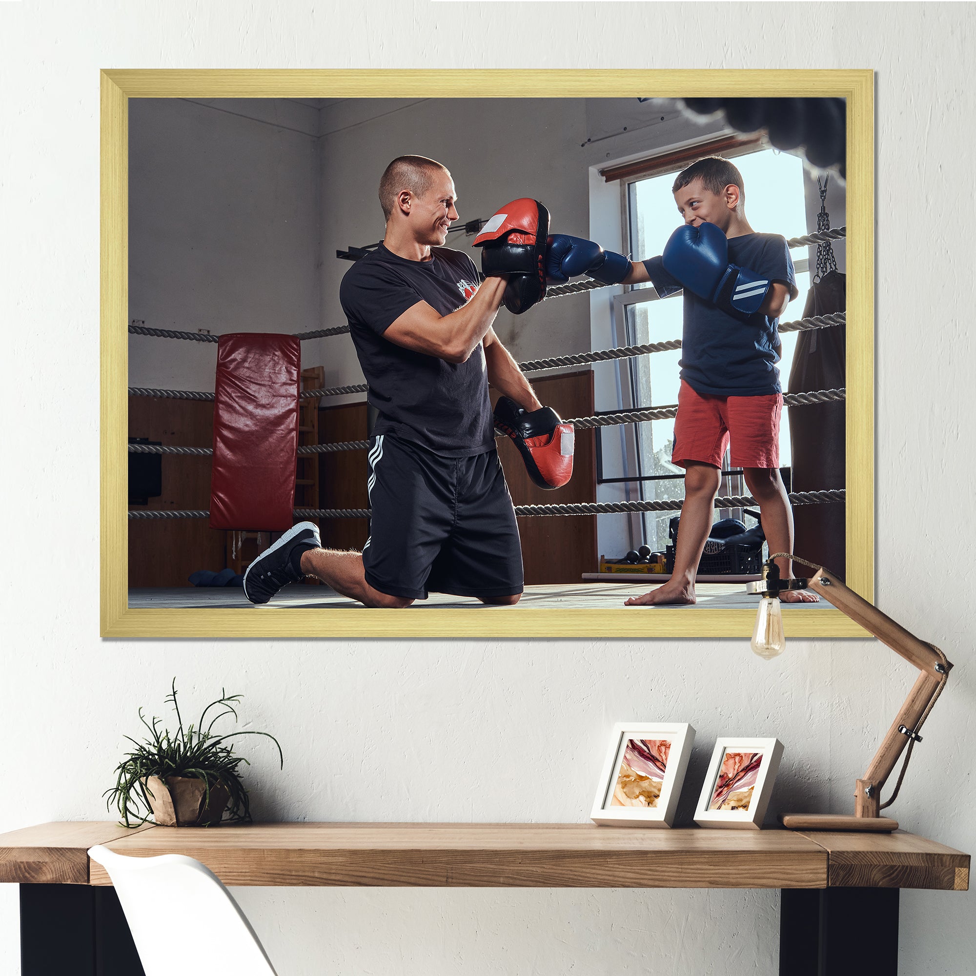 Young Trainer Training A Little Boy Boxer - Sport Boxer Canvas Wall Art