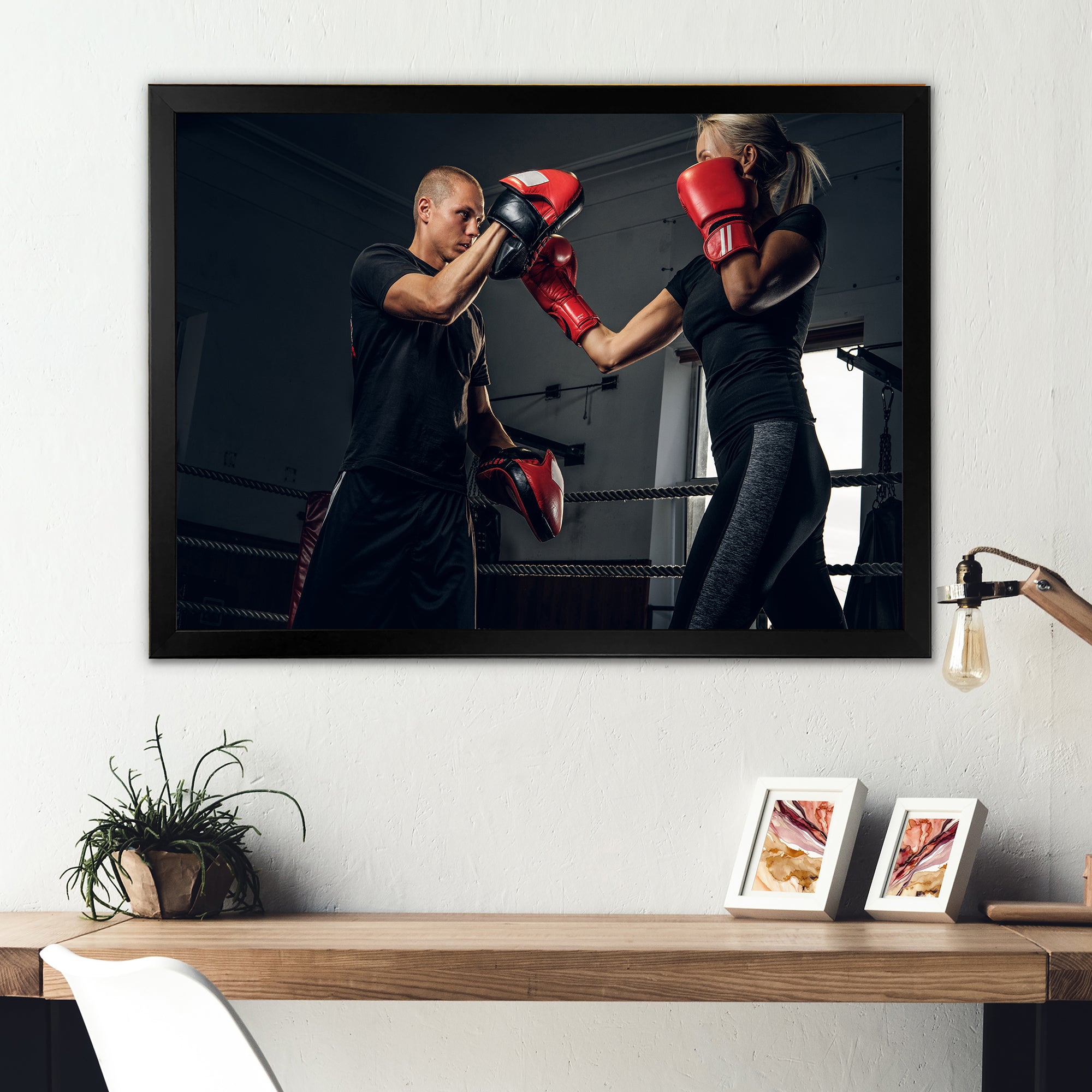 Sportive Blond Woman Has Boxing Training With Her Trainer - Sport Boxer Canvas Wall Art