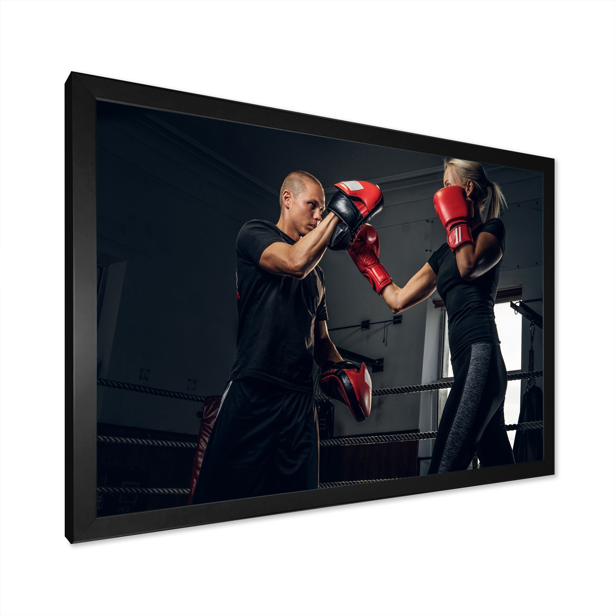 Sportive Blond Woman Has Boxing Training With Her Trainer - Sport Boxer Canvas Wall Art