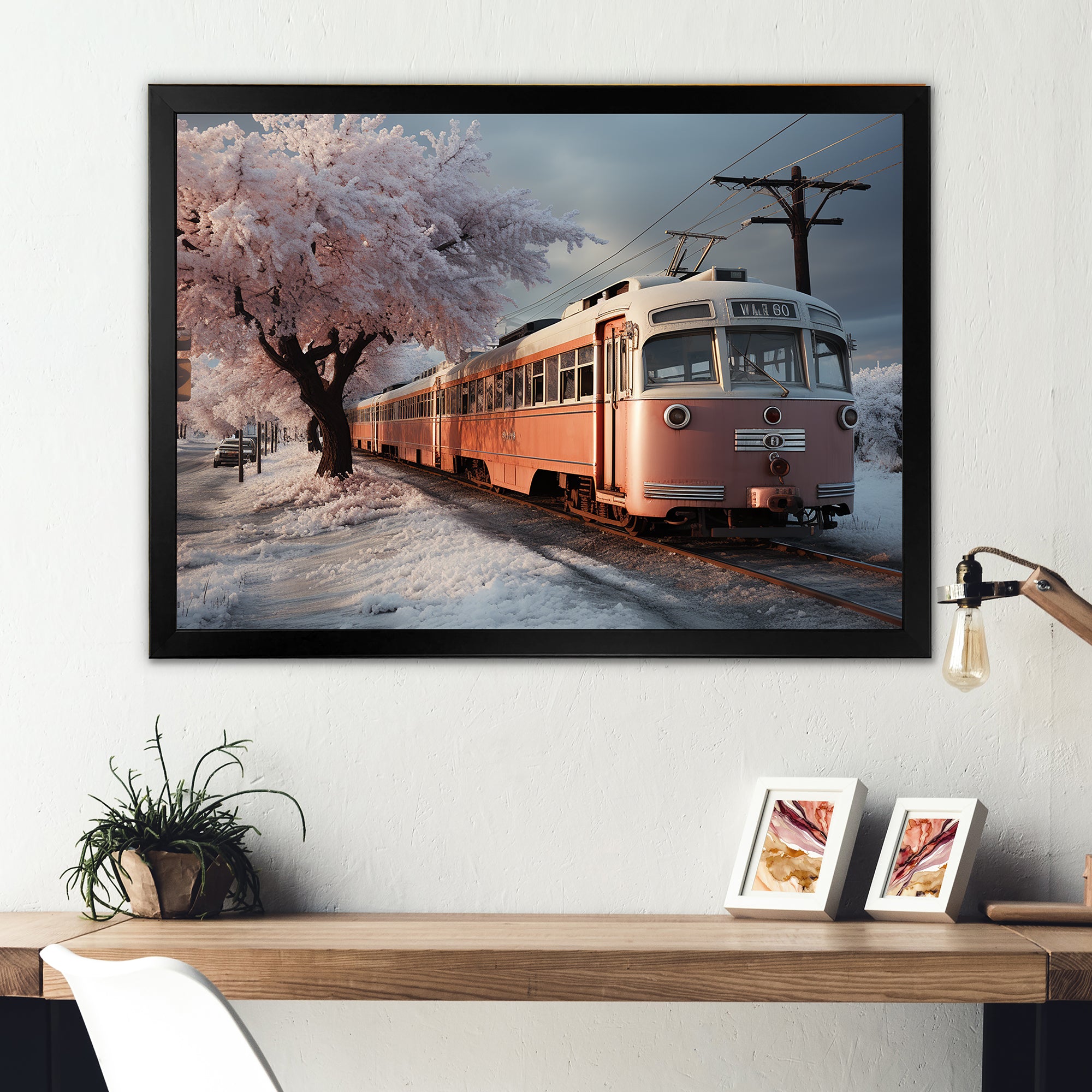 Orange Train Charm In Winter - Train Canvas Wall Art