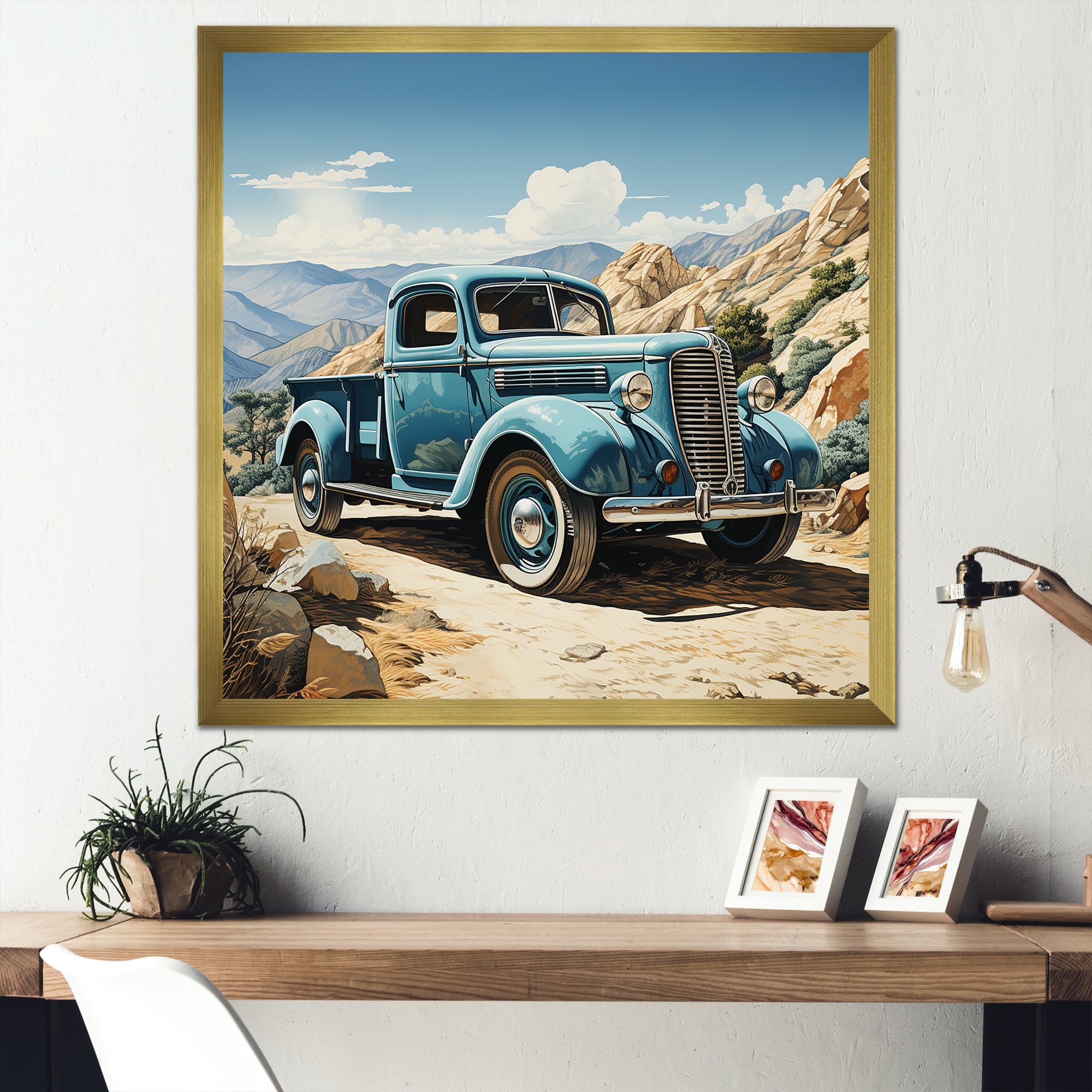 Blue Vintage Pickup In Nevada - Pickup Truck Canvas Wall Art