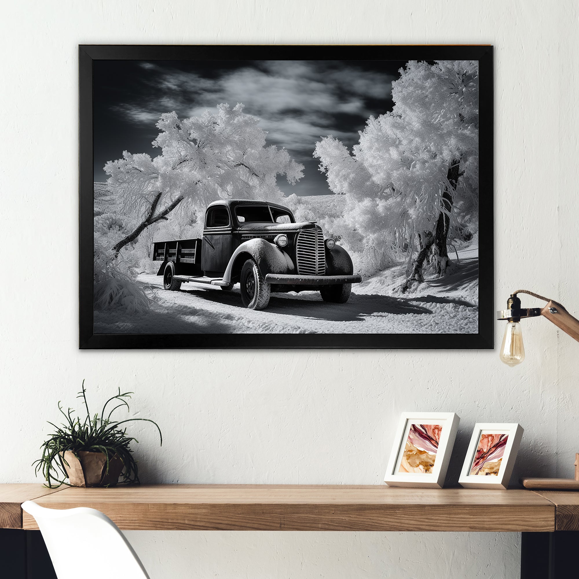 Black And White Truck Charm In Winter photo - Pickup Truck Canvas Wall Art