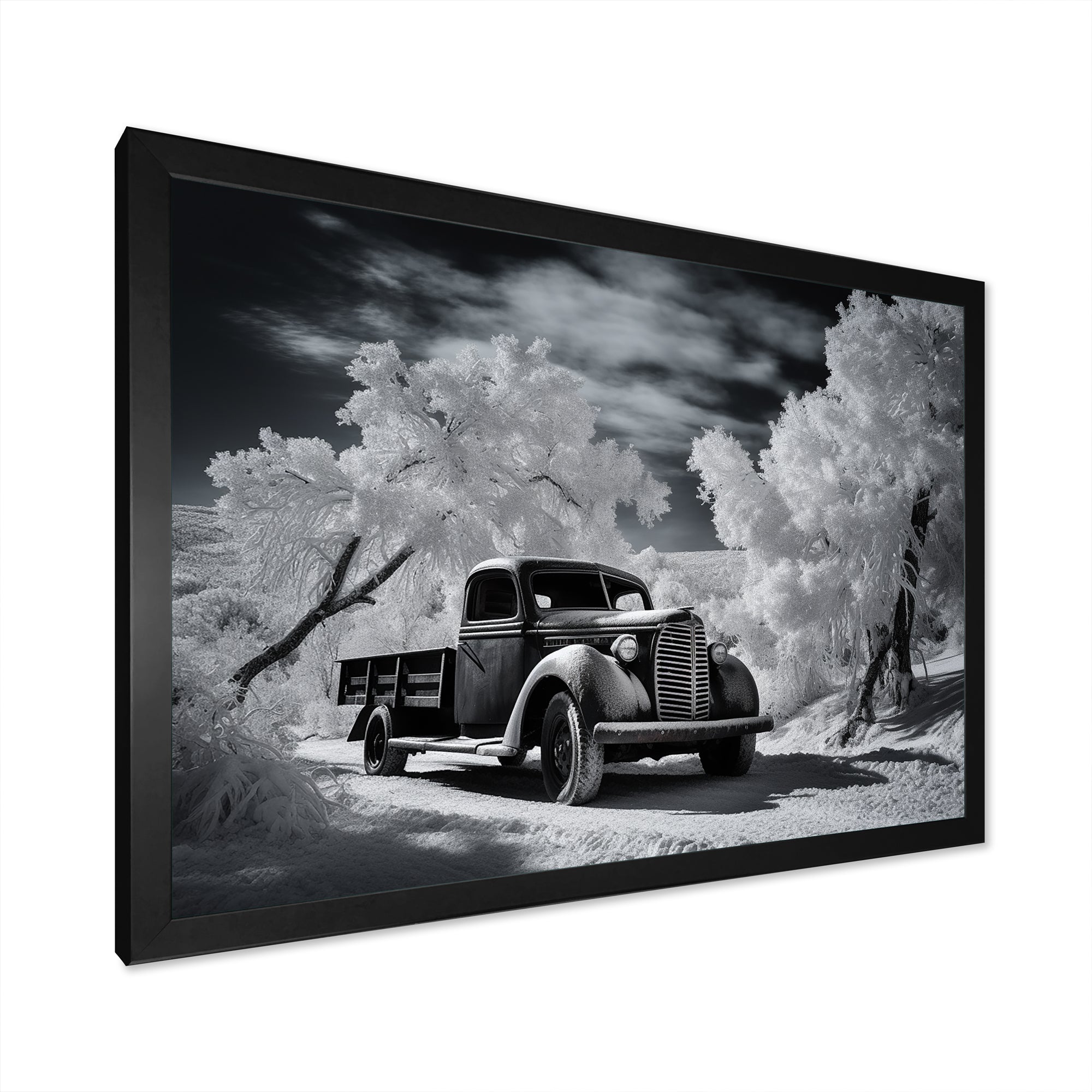 Black And White Truck Charm In Winter photo - Pickup Truck Canvas Wall Art