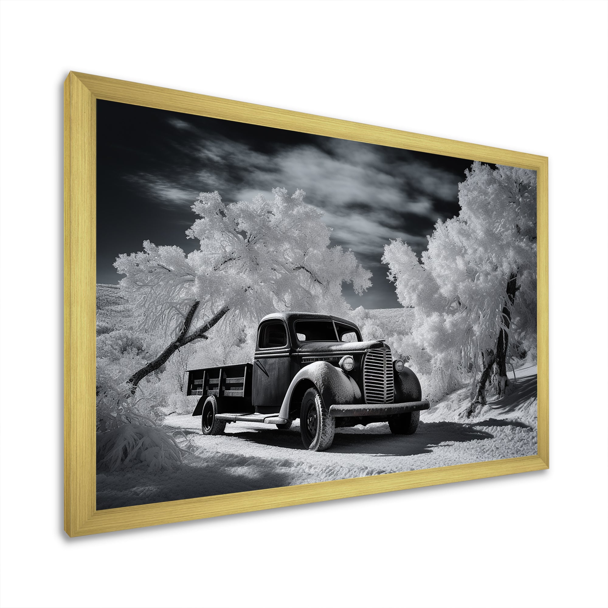 Black And White Truck Charm In Winter photo - Pickup Truck Canvas Wall Art