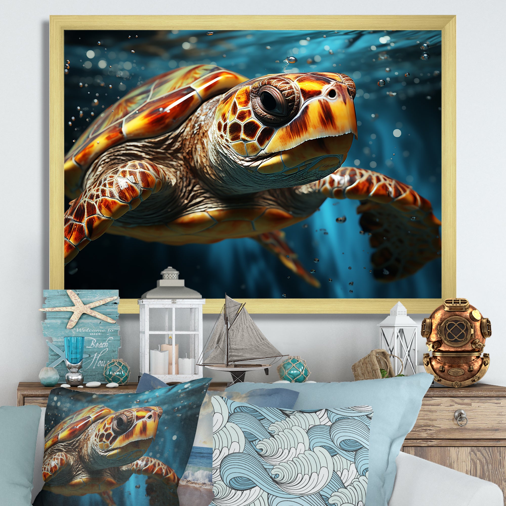 Abstract Representation Of A Turtles Swim - Blue Turtle Wall Art