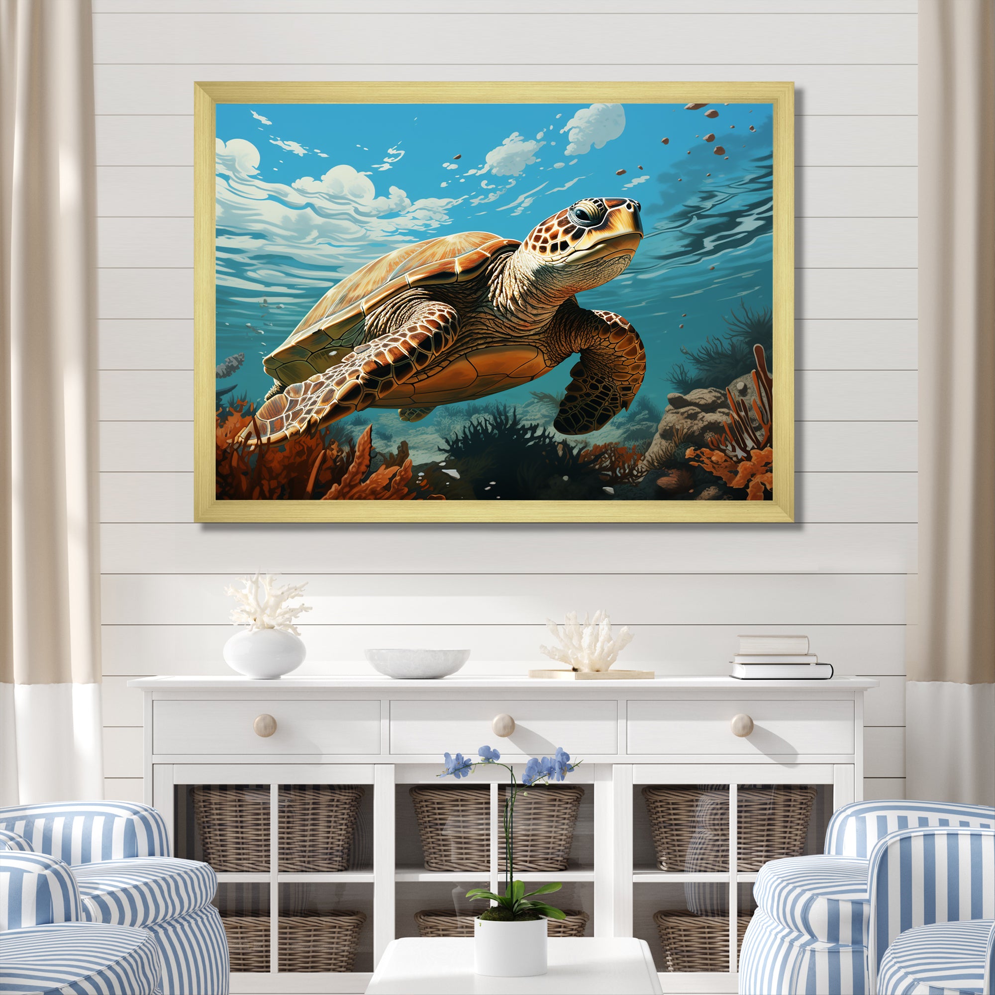Classic Art Depiction Of A Turtles Coastal Life - Turtle Wall Decor