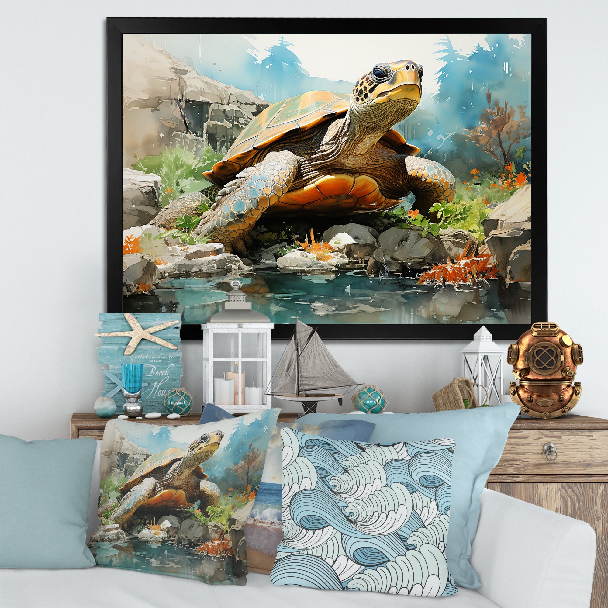 Contemporary Marine Life - Beige Turtle Wall Art