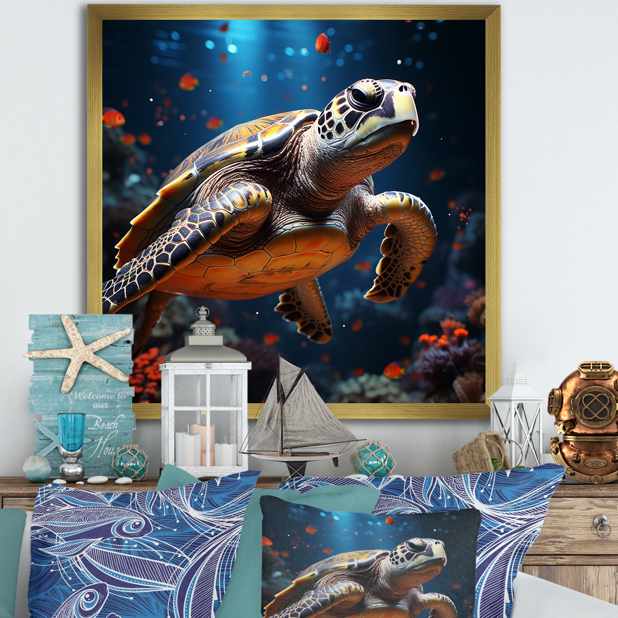 Cosmic Art Style Featuring A Turtle On A Cosmic - Turtle Large Canvas Wall Art