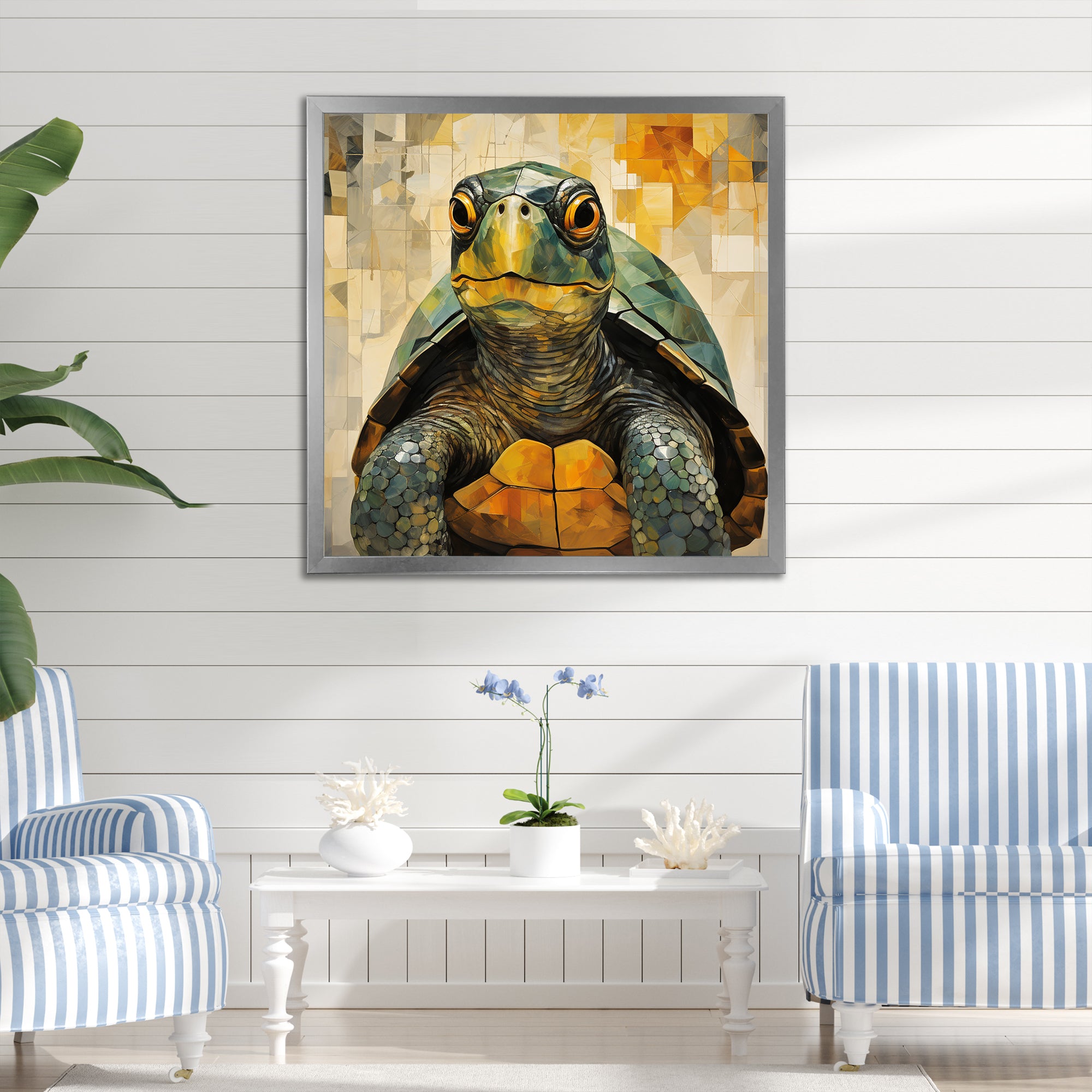 Cubist Abstraction Of A Turtle Using Olive Green - Turtle Canvas Wall Art