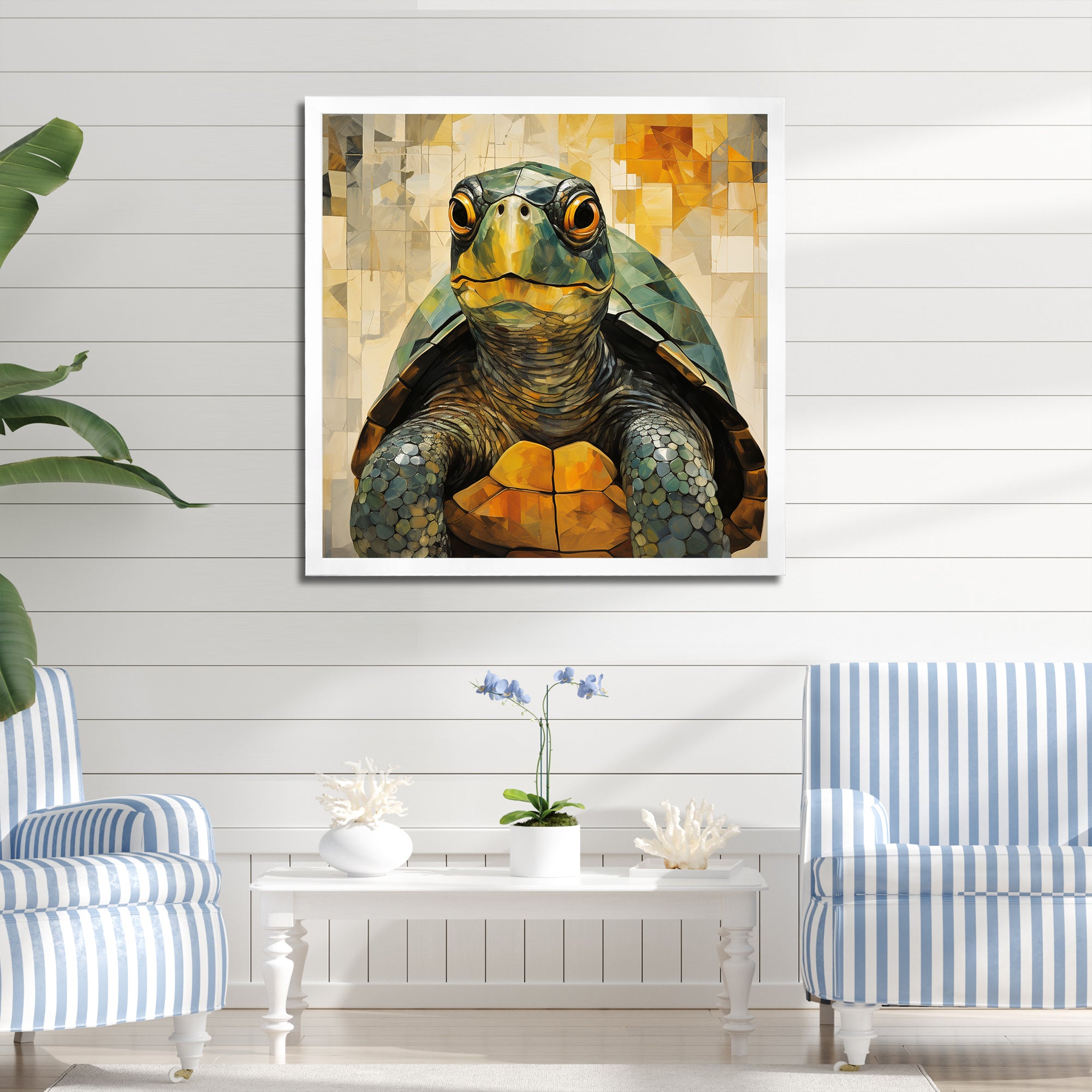 Cubist Abstraction Of A Turtle Using Olive Green - Turtle Canvas Wall Art