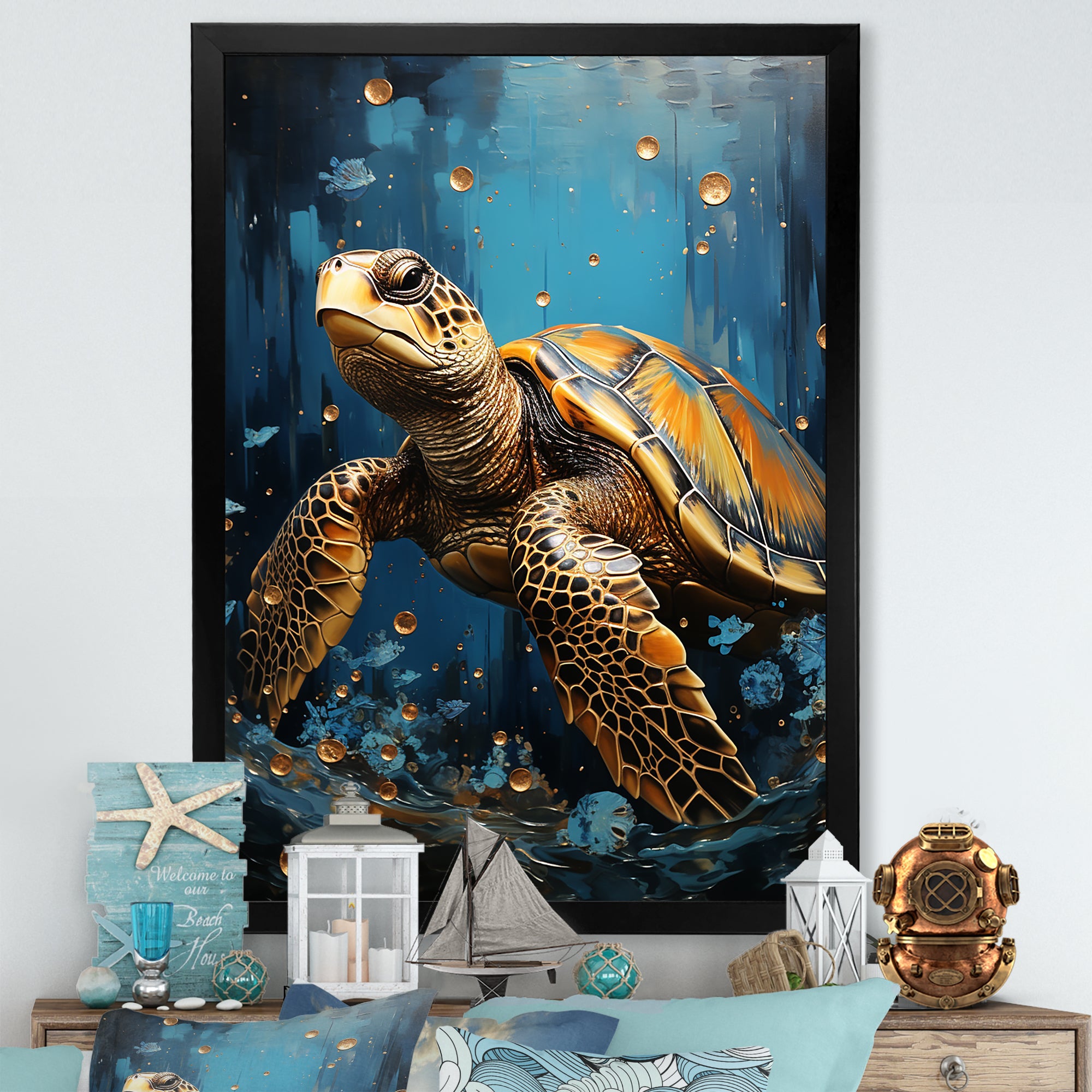 Underwater Golden Shell - Turtle Home Decor Art