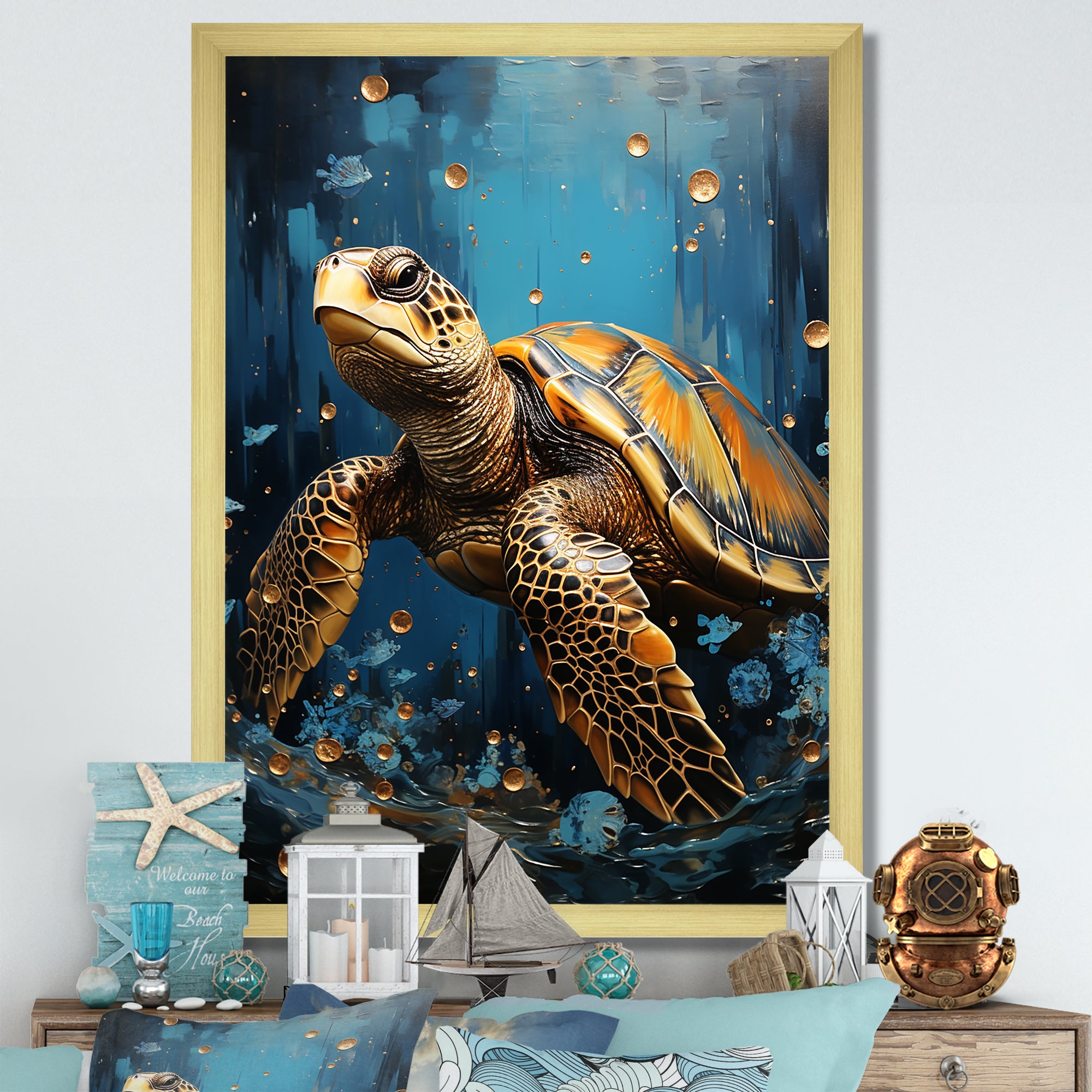 Underwater Golden Shell - Turtle Home Decor Art