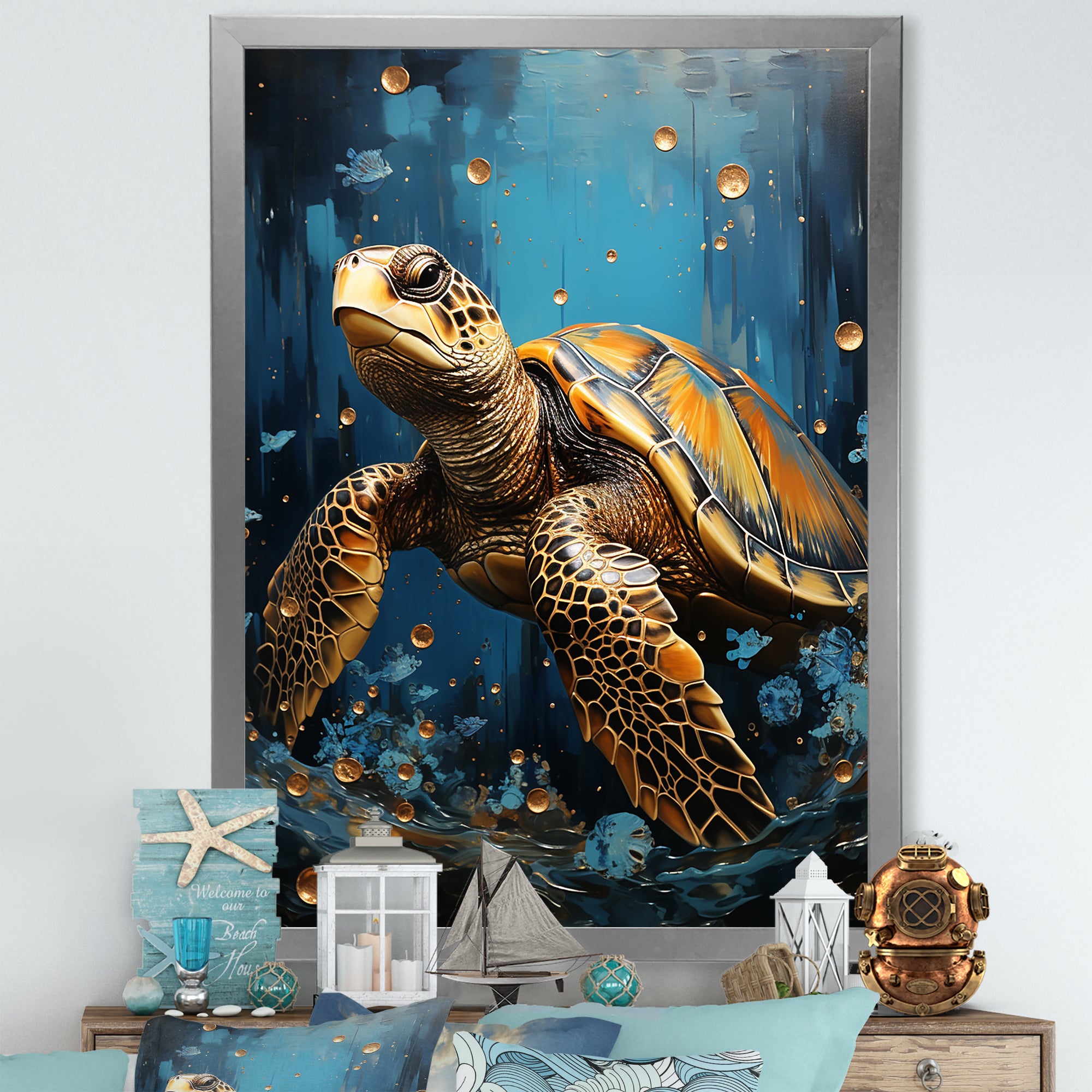 Underwater Golden Shell - Turtle Home Decor Art