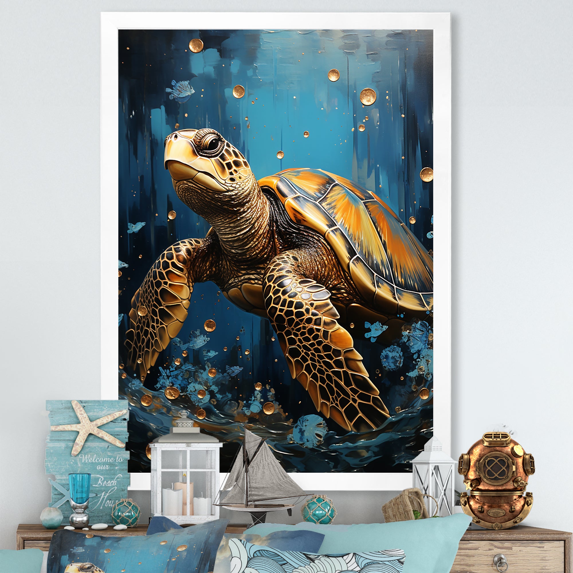 Underwater Golden Shell - Turtle Home Decor Art