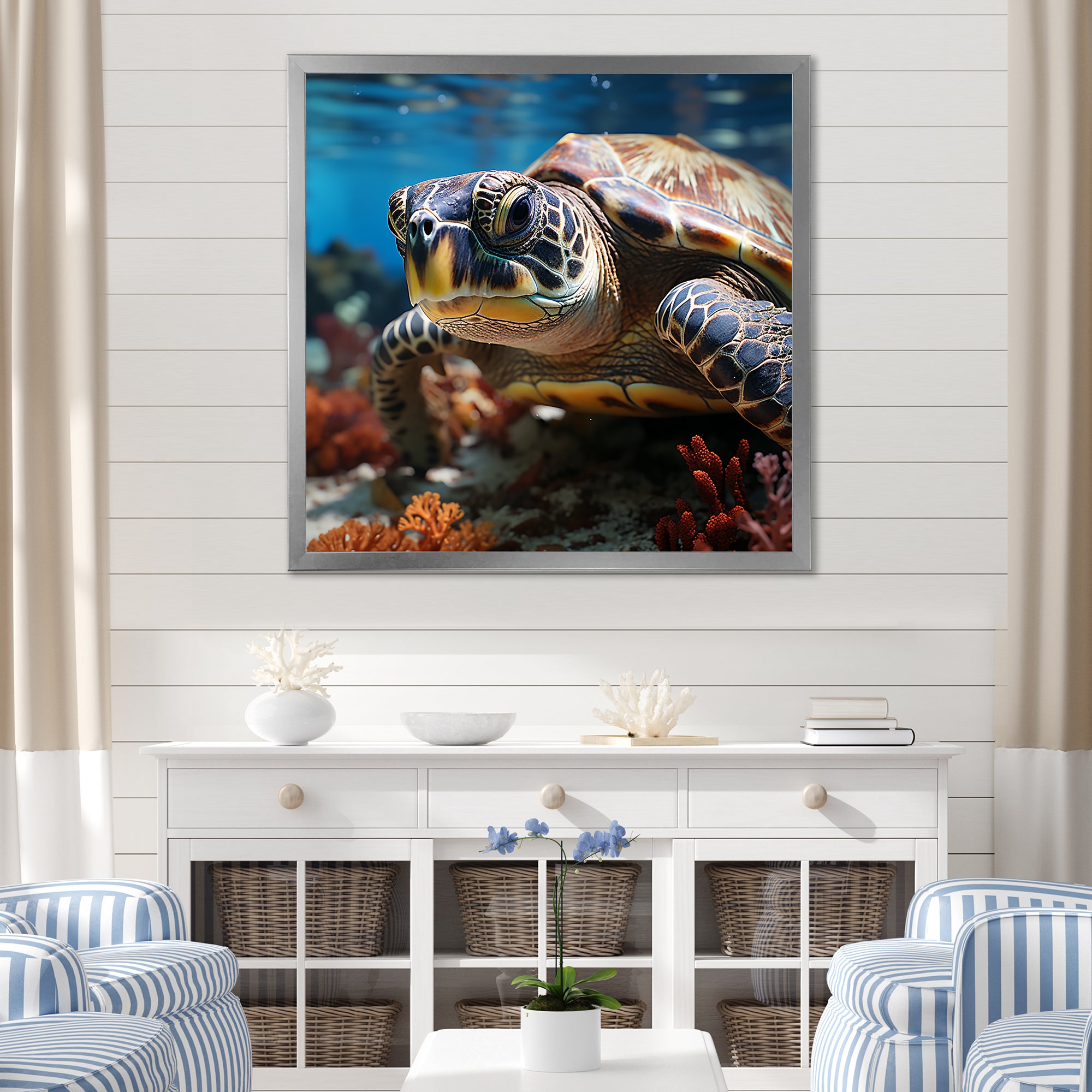 Curious Underwater Sea Turtle - Gray Turtle Wall Art