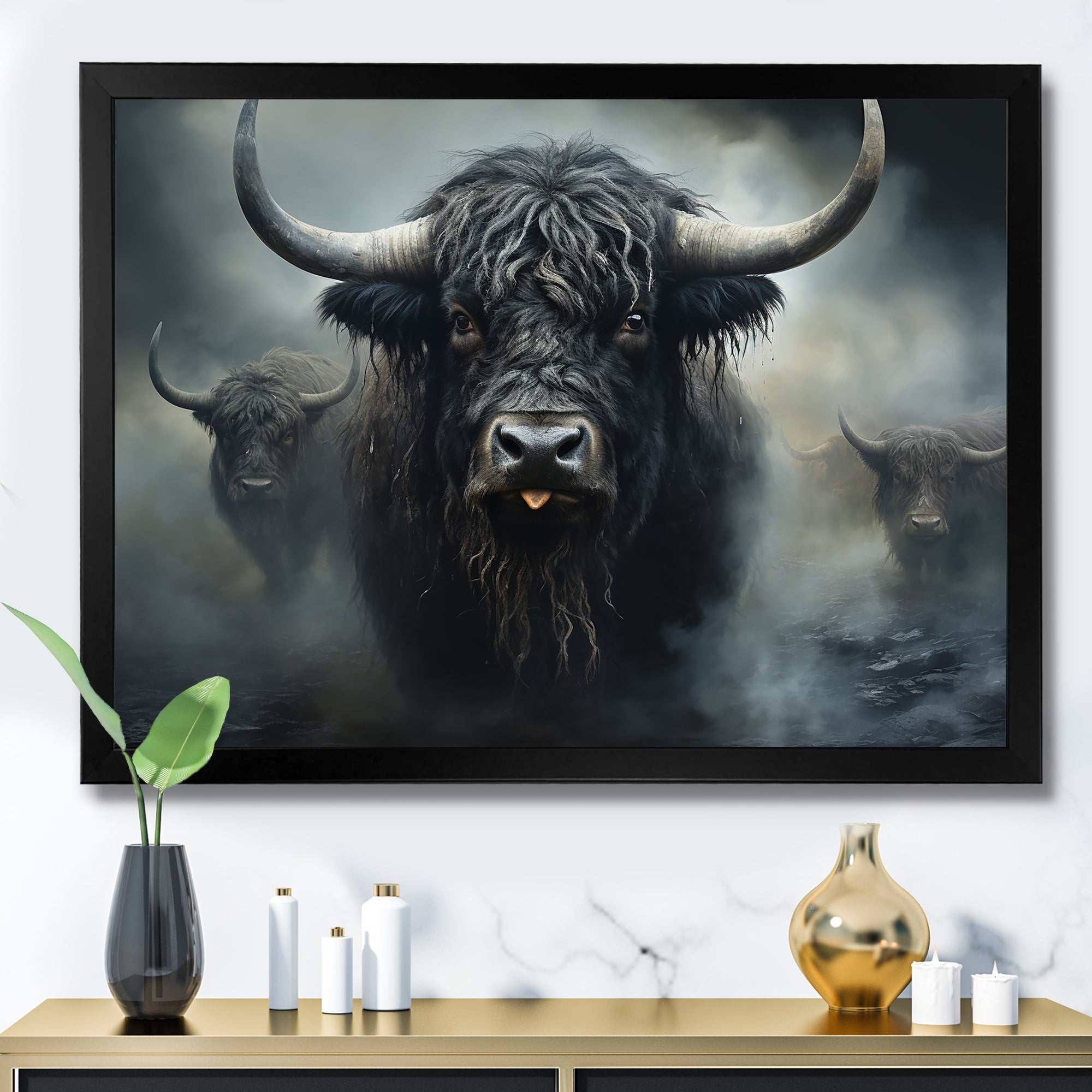 minimalism black Yaks snapshot - Yaks Framed Canvas Art