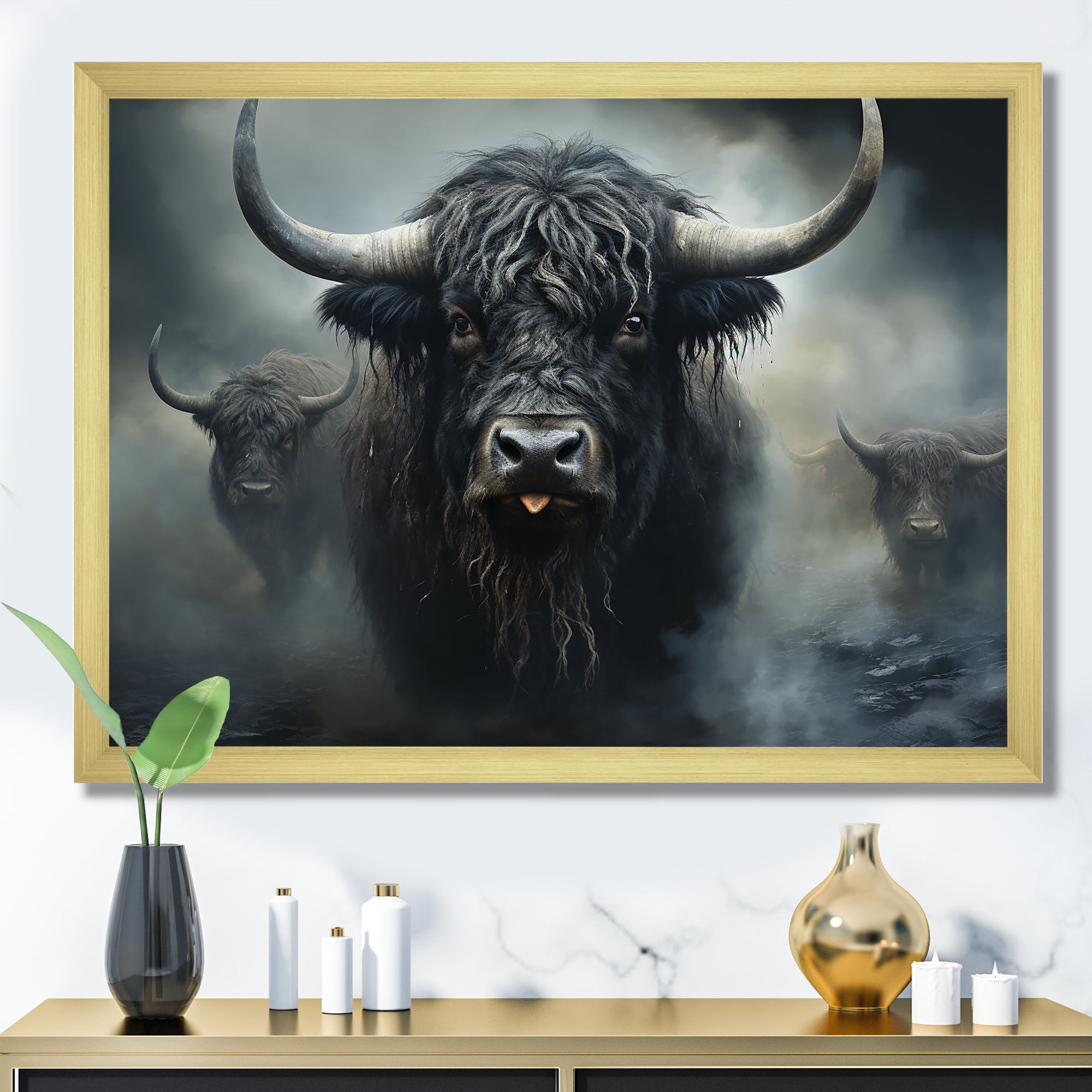 minimalism black Yaks snapshot - Yaks Framed Canvas Art