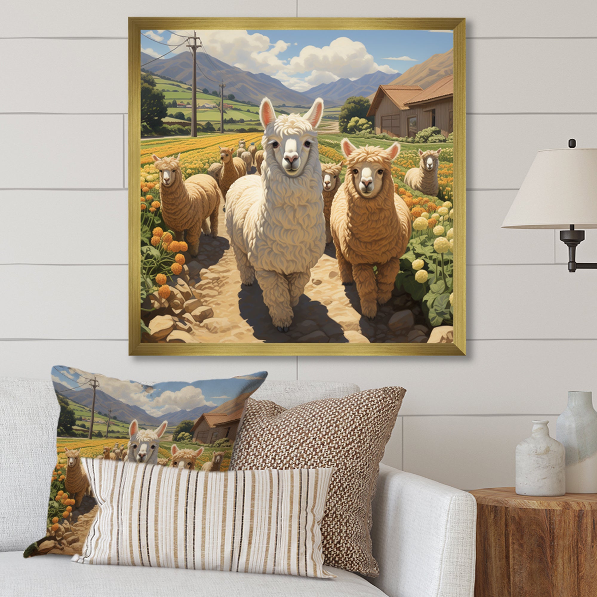 Cheerful farm Alpaca portrait - Parrot Canvas Wall Art