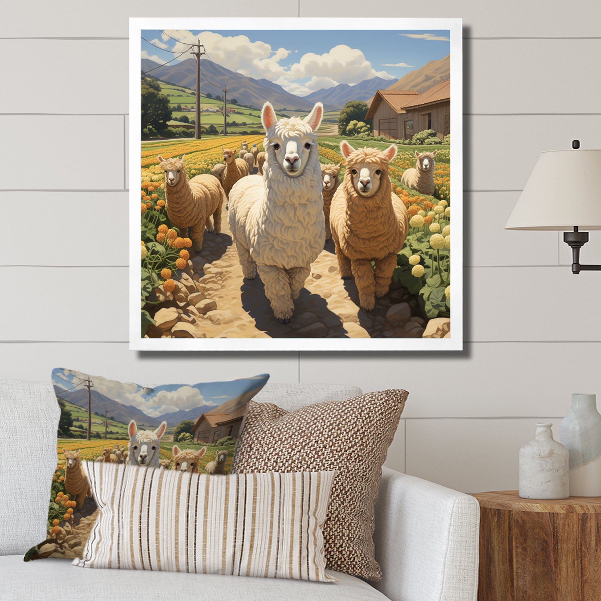 Cheerful farm Alpaca portrait - Parrot Canvas Wall Art