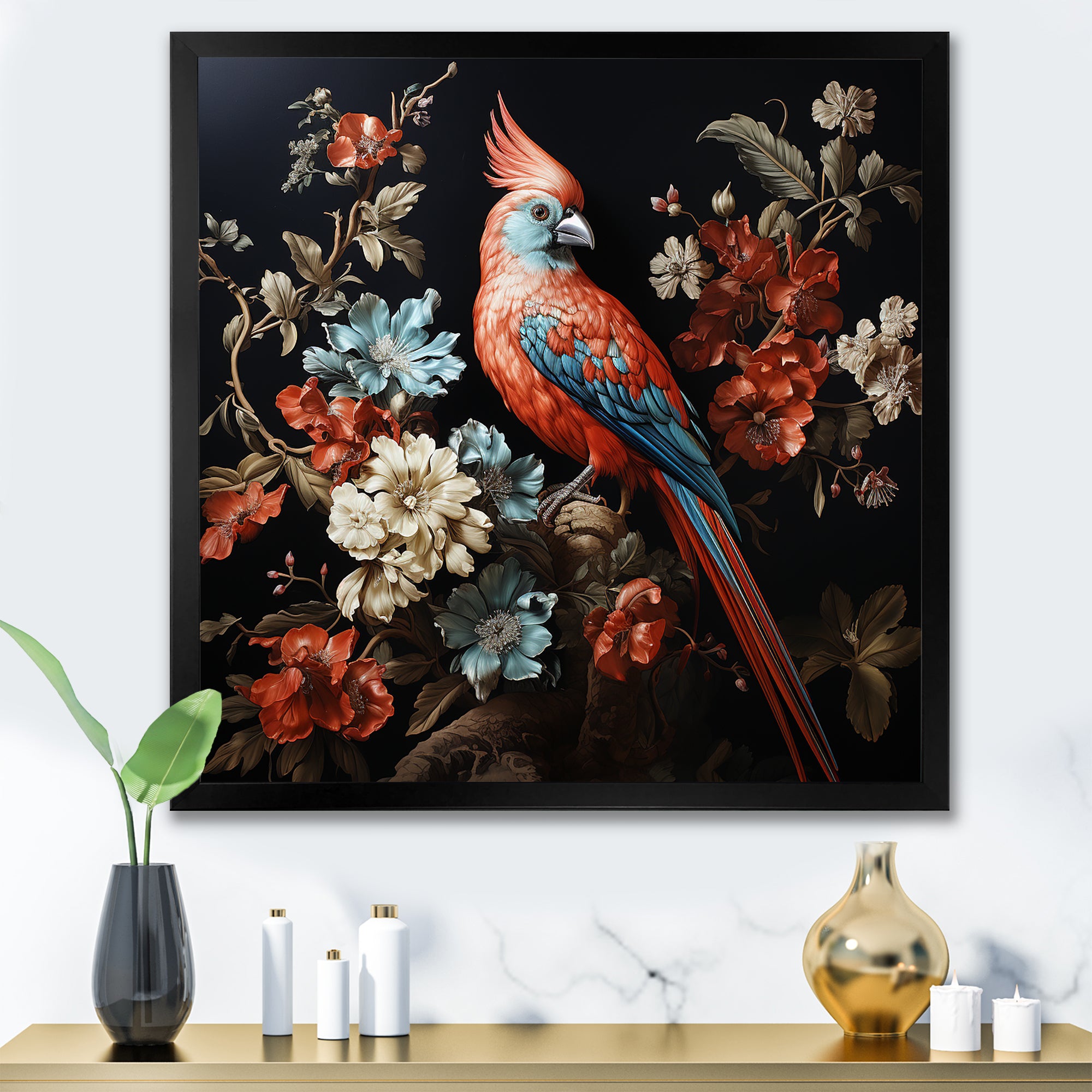 Red bird Serenity blooms - Nursery Teddy Bear Canvas Wall Art