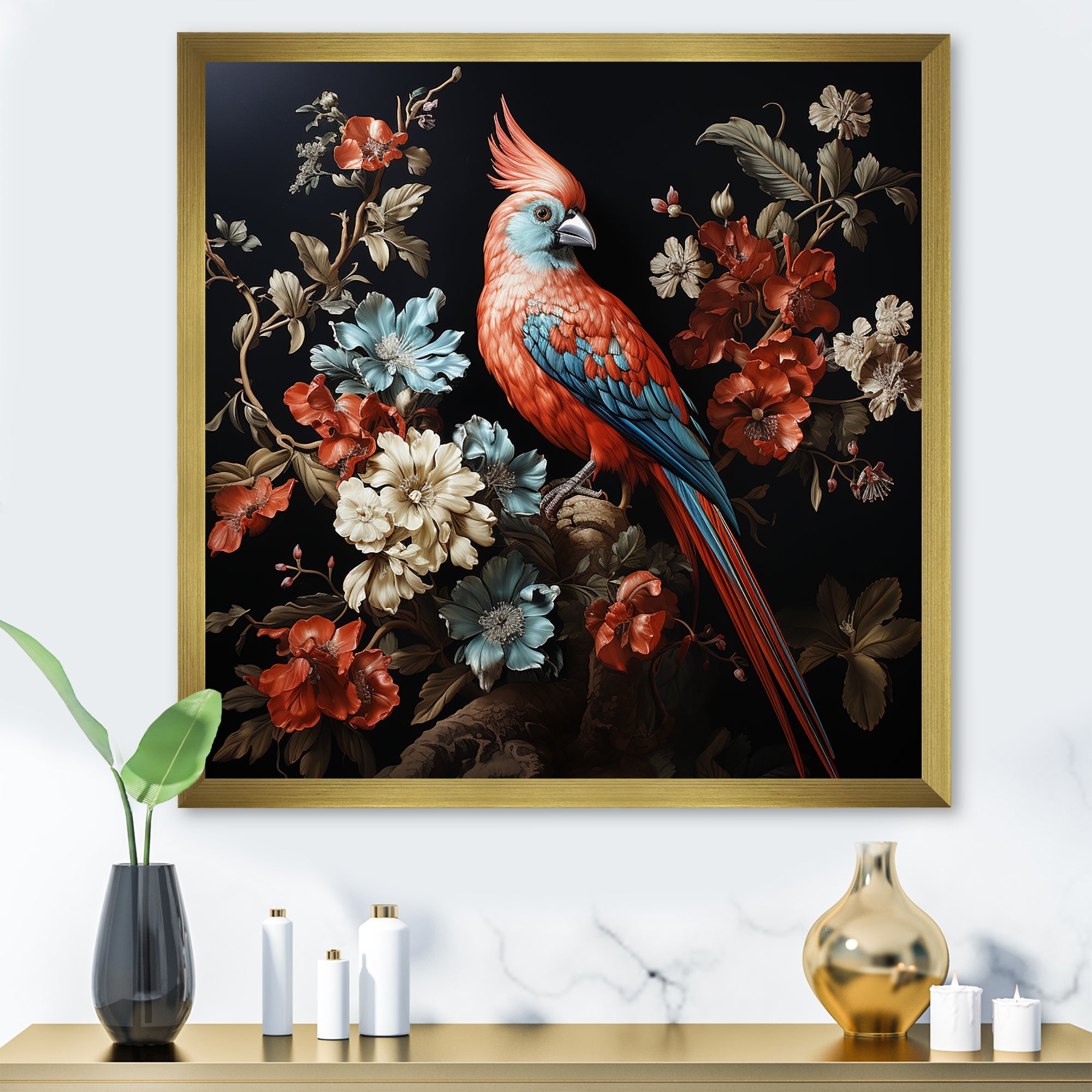 Red bird Serenity blooms - Nursery Teddy Bear Canvas Wall Art