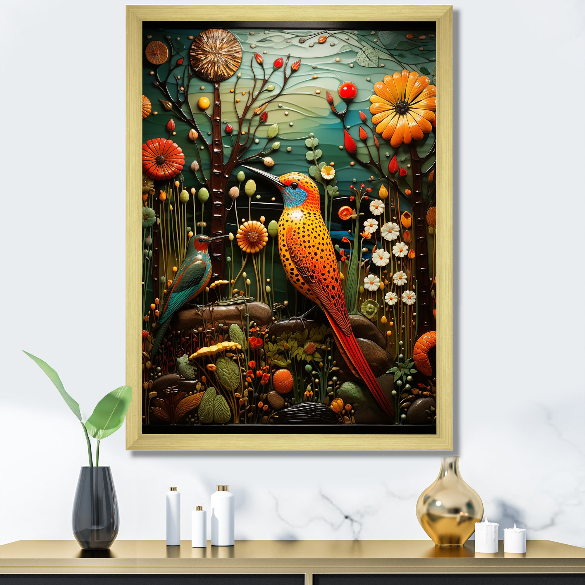 Abstract woodpecker bird flower at night - Bird Wall Decor
