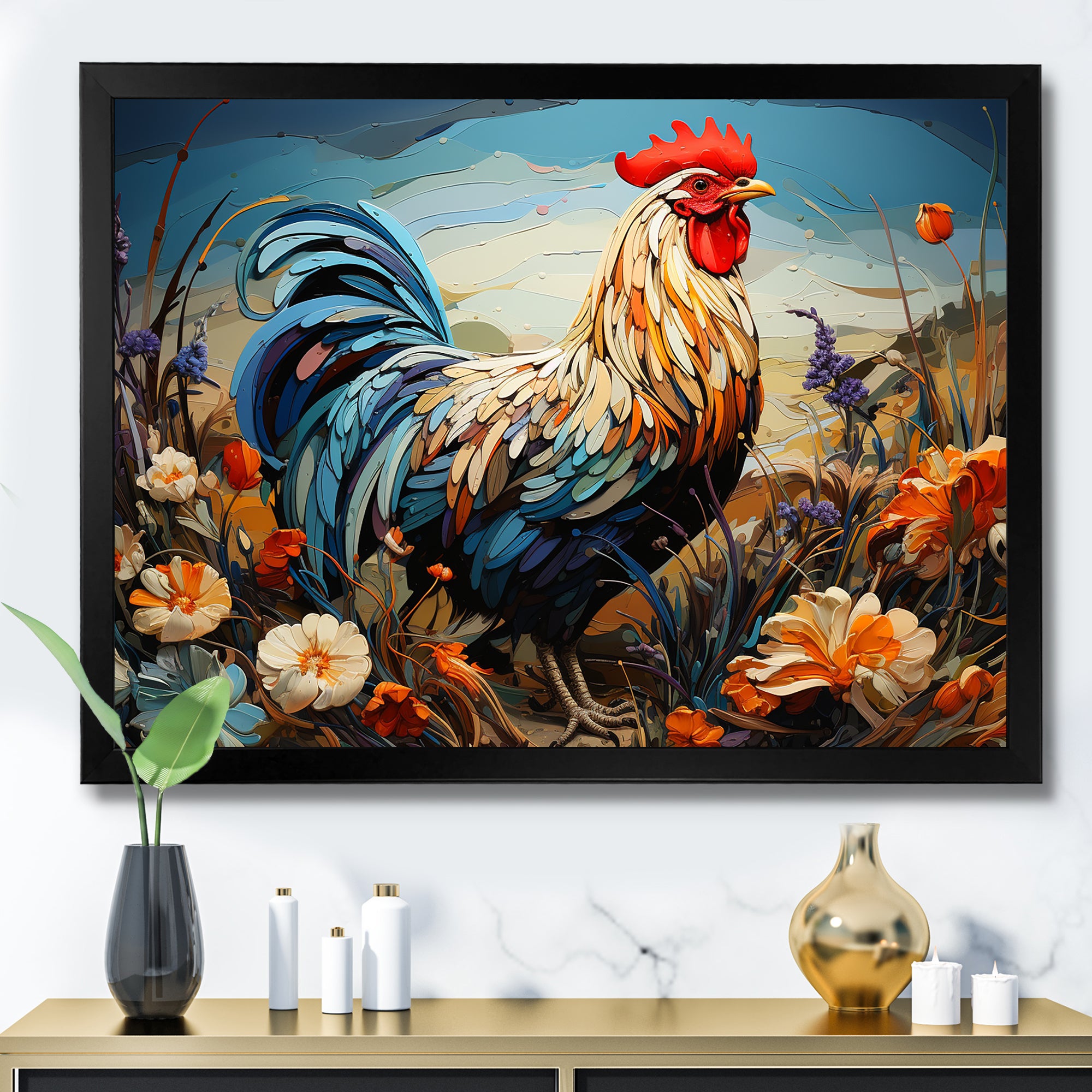 Rooster floral farm meadow - Rooster Wall Decor