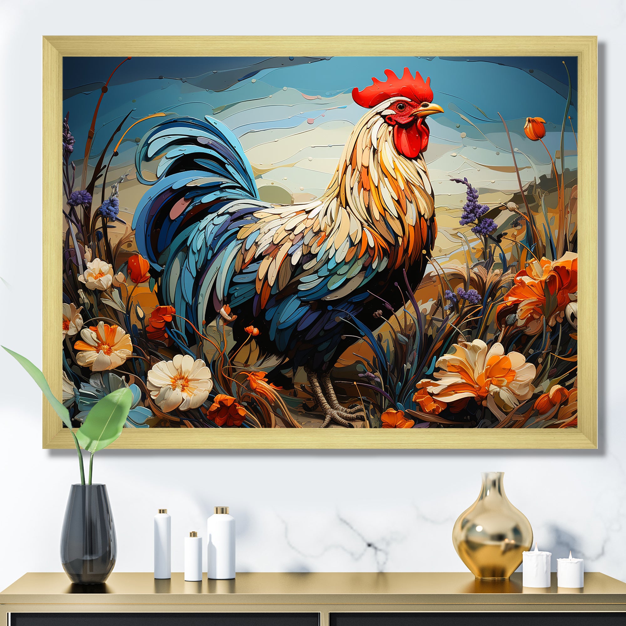 Rooster floral farm meadow - Rooster Wall Decor