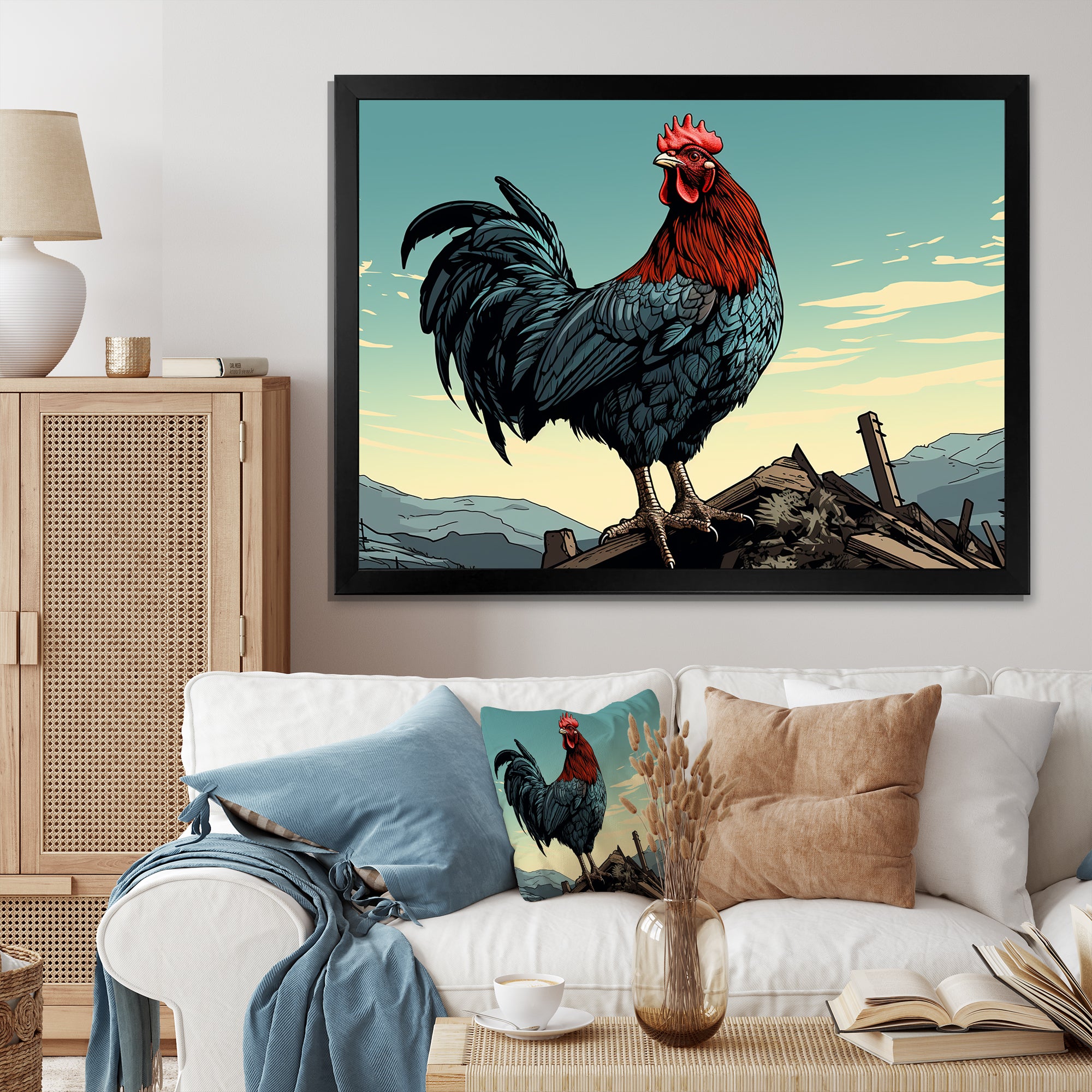 Rooster in the Farm Sunrise - Red Chicken Wall Art