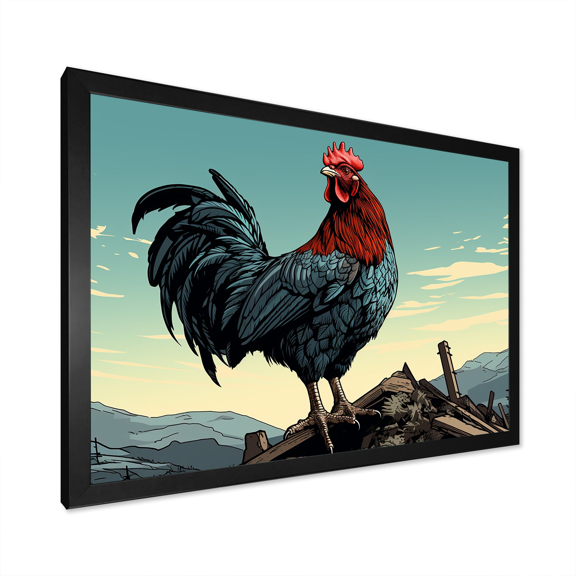Rooster in the Farm Sunrise - Red Chicken Wall Art