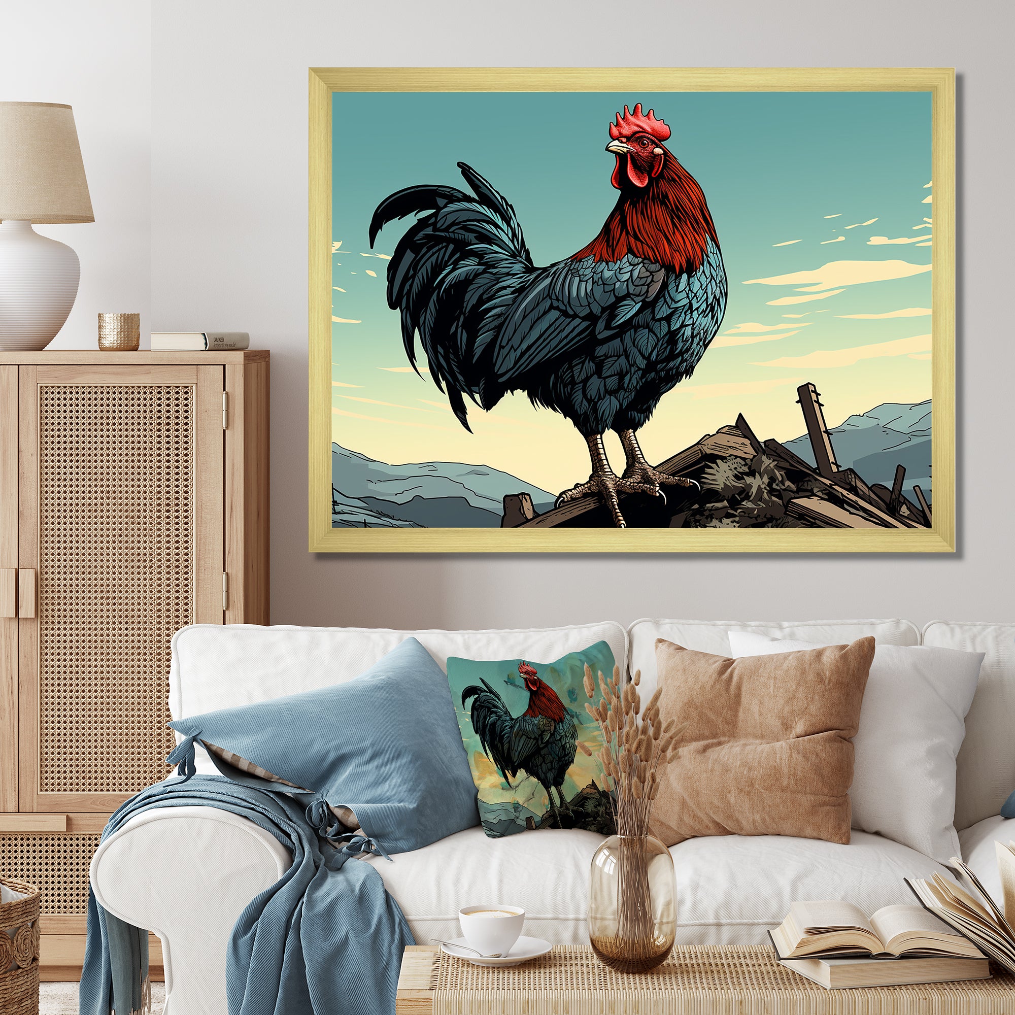 Rooster in the Farm Sunrise - Red Chicken Wall Art