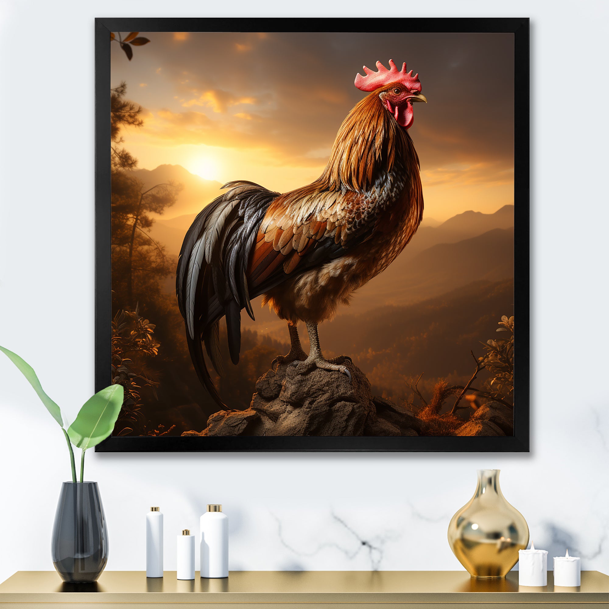 Chicken Rooster of the Dusk - Chicken Large Canvas Wall Art